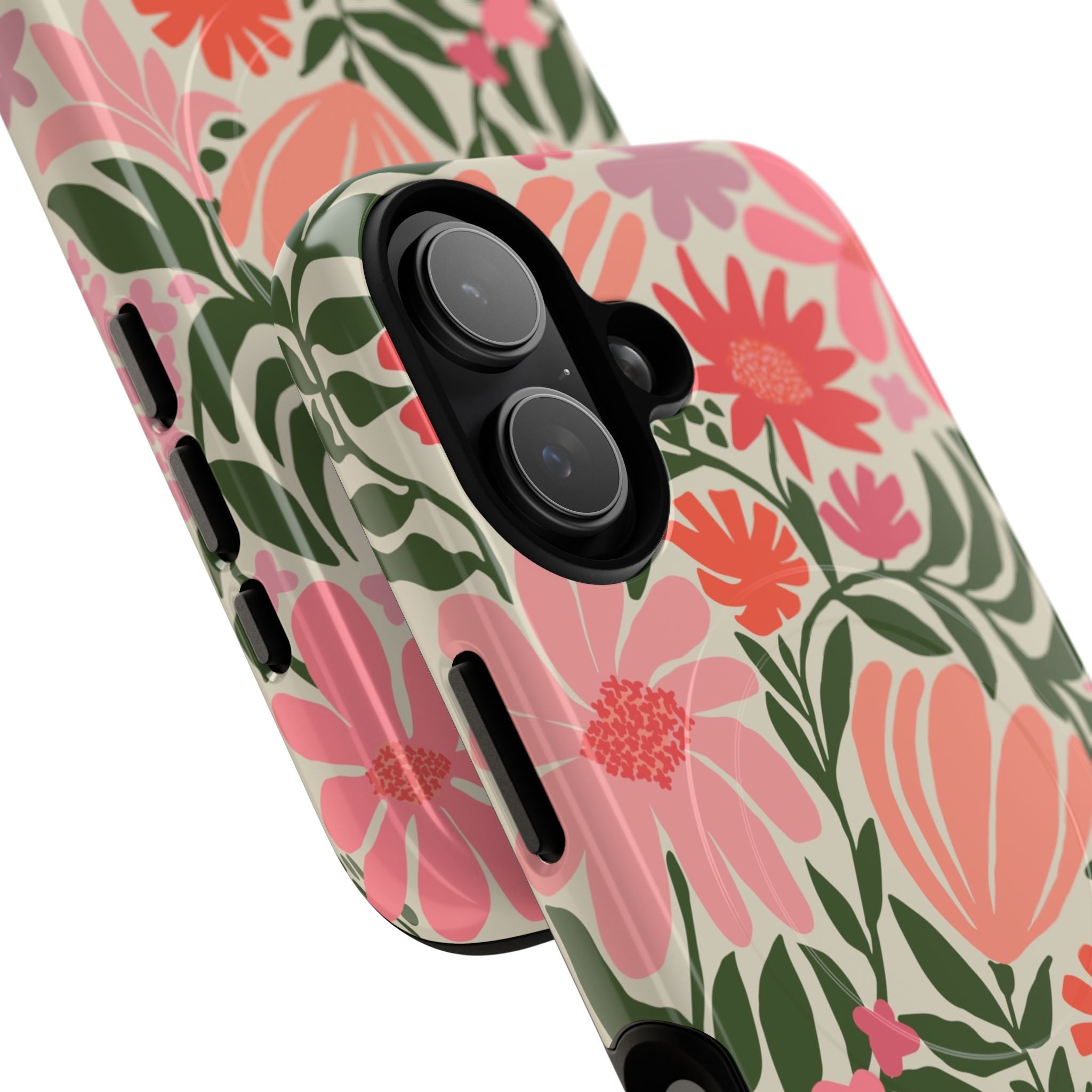 Botanica MagSafe iPhone 17 Case – Glossy | coral, pink, sage green botanical wildflower print | angled view closeup of camera cutout and buttons