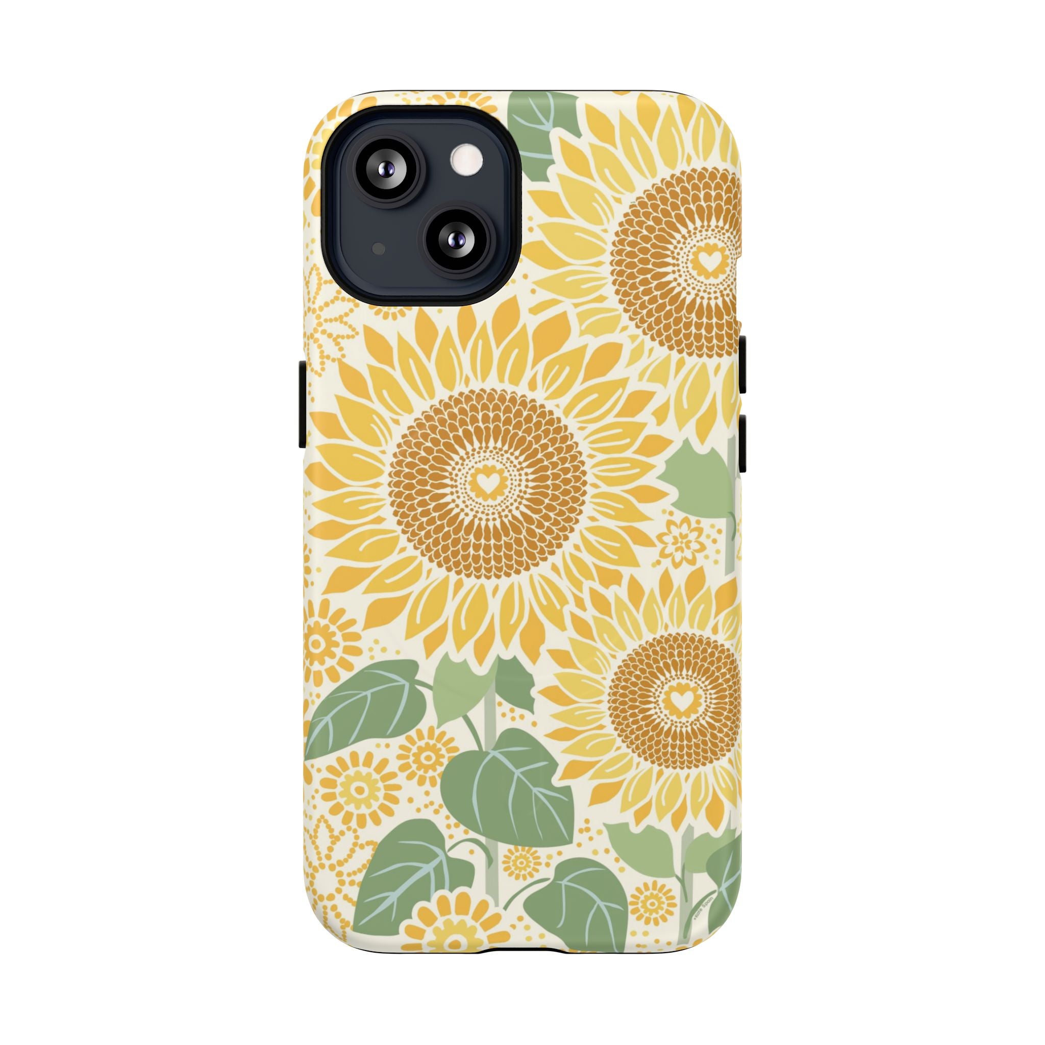 Sunny Sunflower MagSafe iPhone 13 – Matte | cream ground, large-scale yellow sunflower print, golden seed detail with heart centers, dual-layer protection