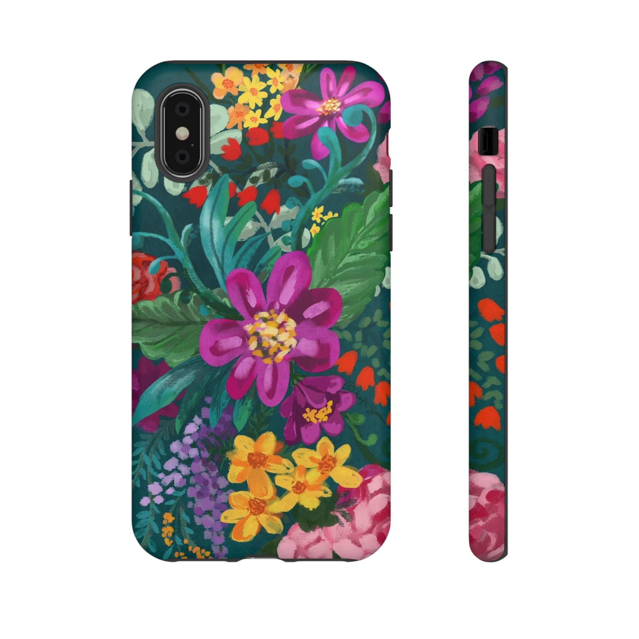 Posy Tough iPhone XS Case – Matte | teal, purple, magenta, yellow botanical wildflower print
