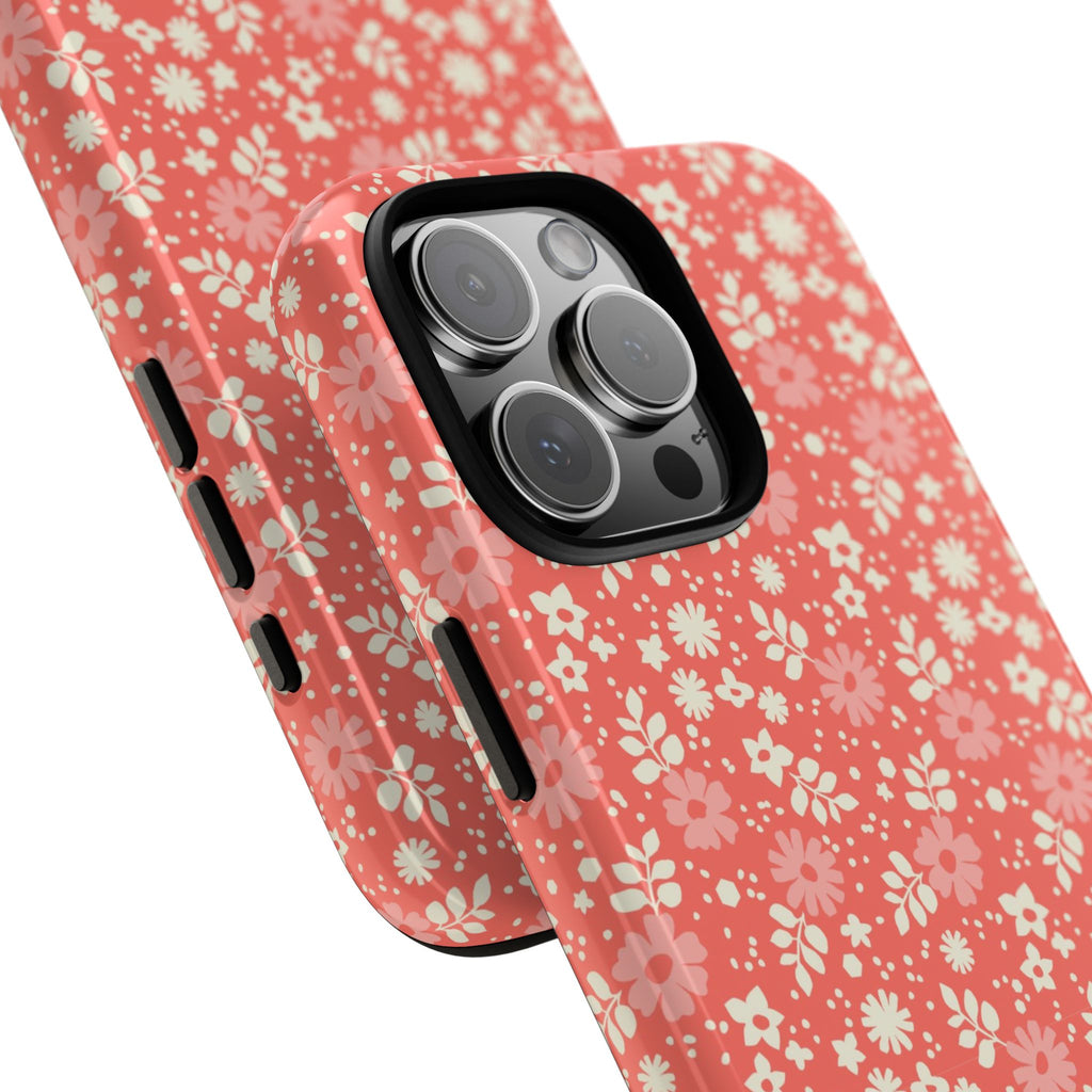 Petaline Tough iPhone 17 Pro Max Case – Matte | coral, pink, cream ditsy floral print