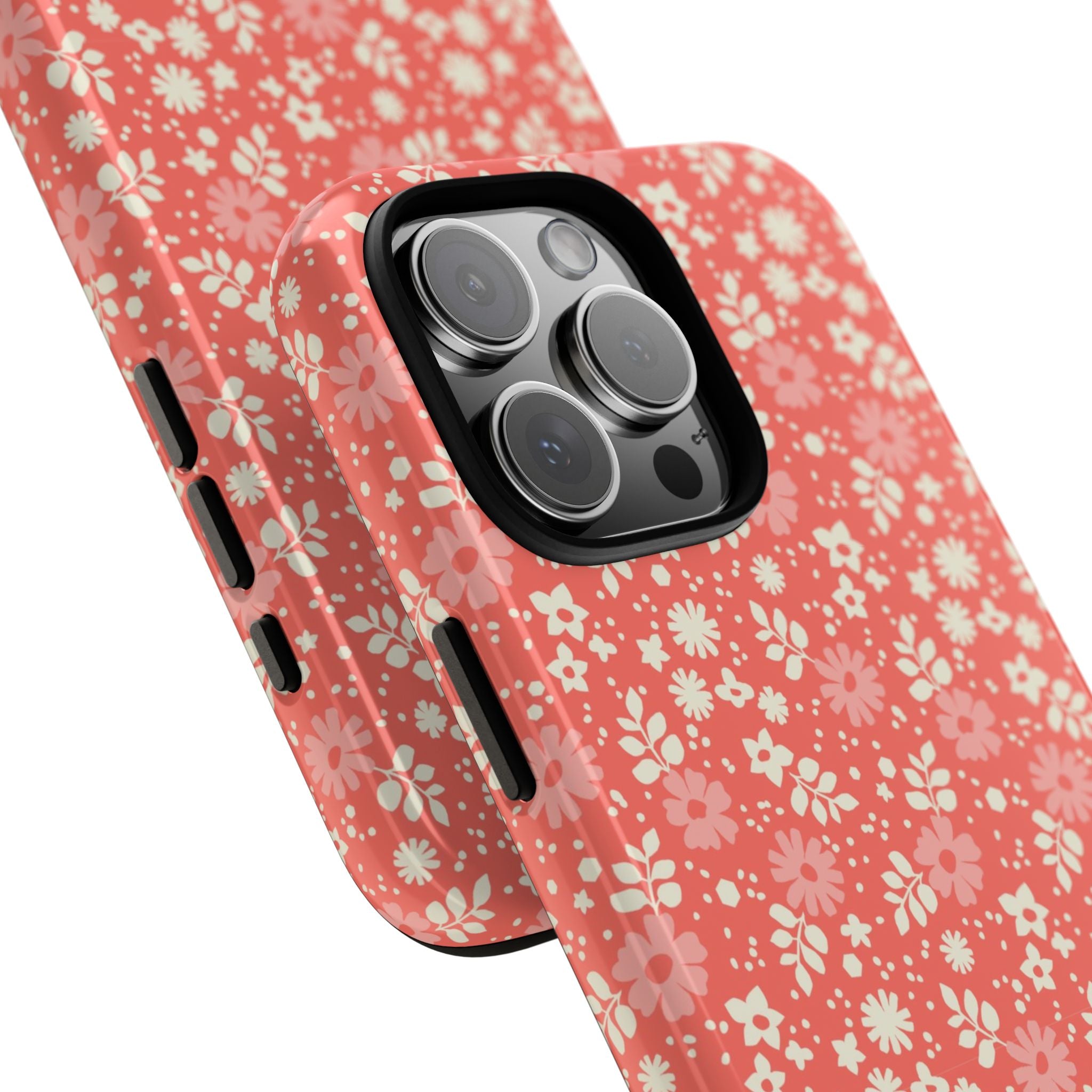 Petaline Tough iPhone 17 Pro Max Case – Matte | coral, pink, cream ditsy floral print