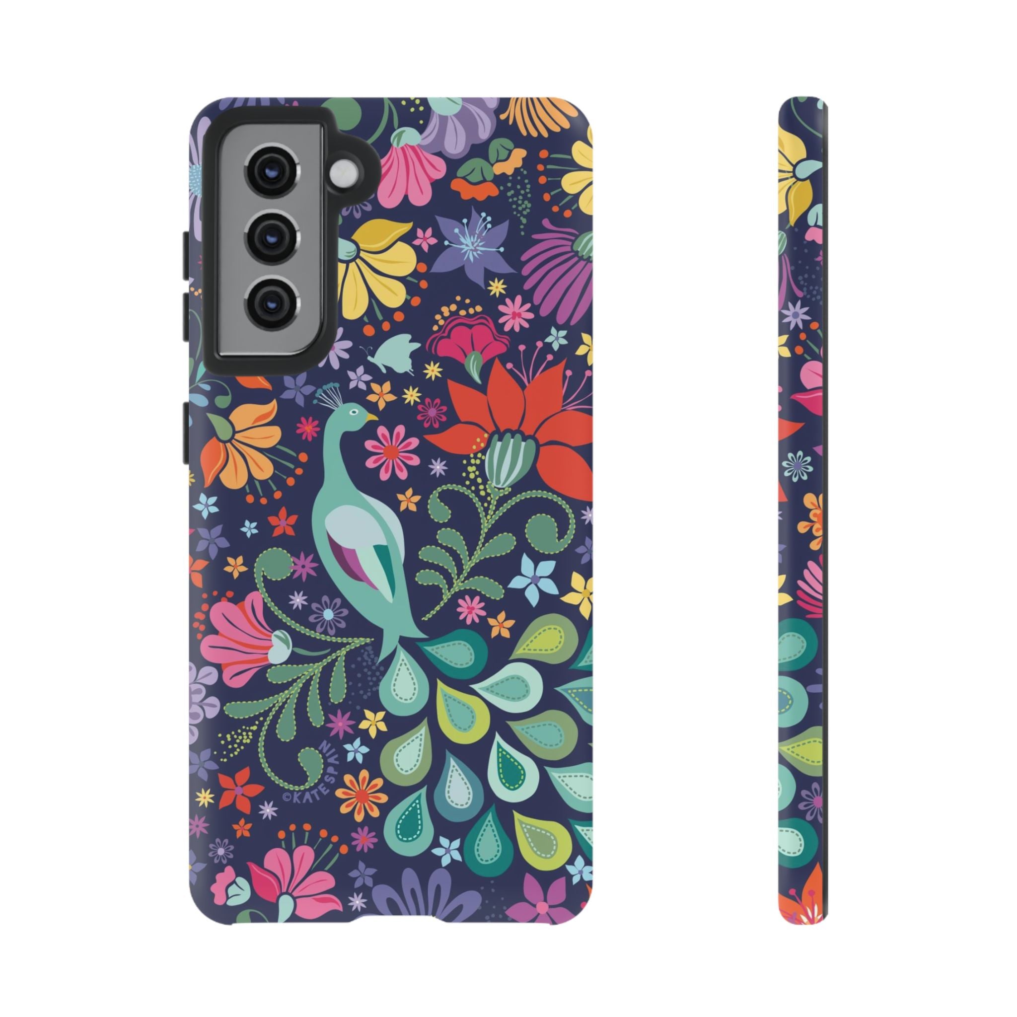 Luxury Peacock Sanctuary Samsung Galaxy S21 Case – Matte | navy, teal, coral multicolor vibrant peacock feather botanical print