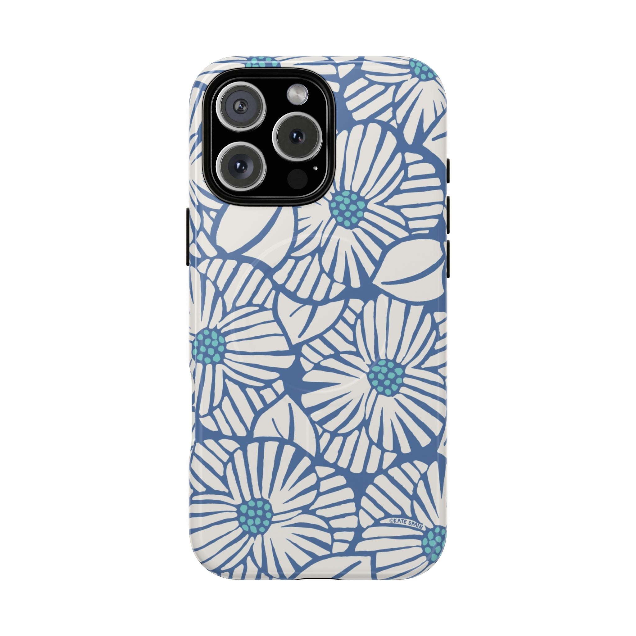 Calendula MagSafe iPhone 16 Pro Max Case – Glossy | periwinkle, cream, teal graphic daisy floral print