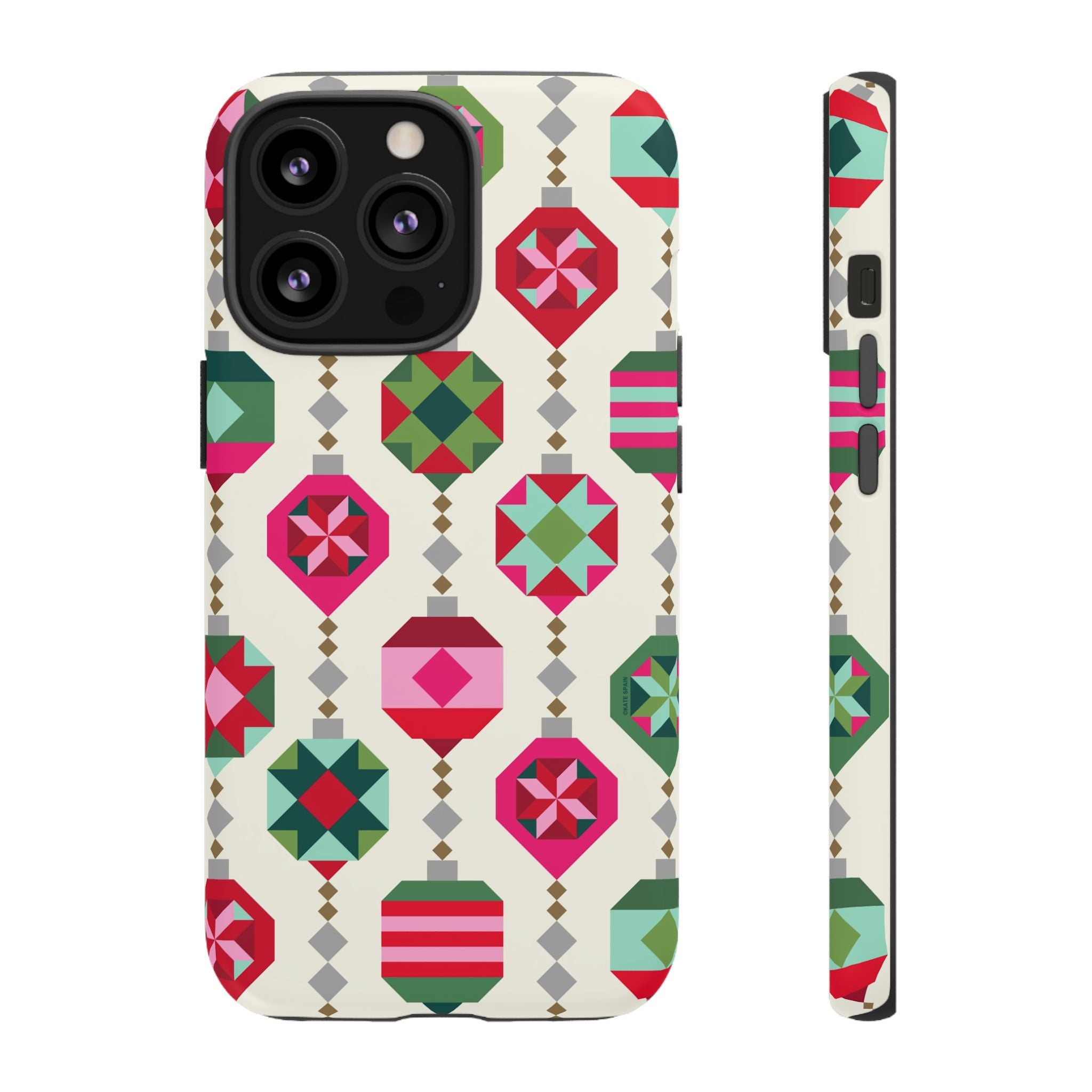 Felicity Ornaments Tough iPhone 13 Pro Case – Matte | cream, red, pink, green, mint geometric quilted ornament print