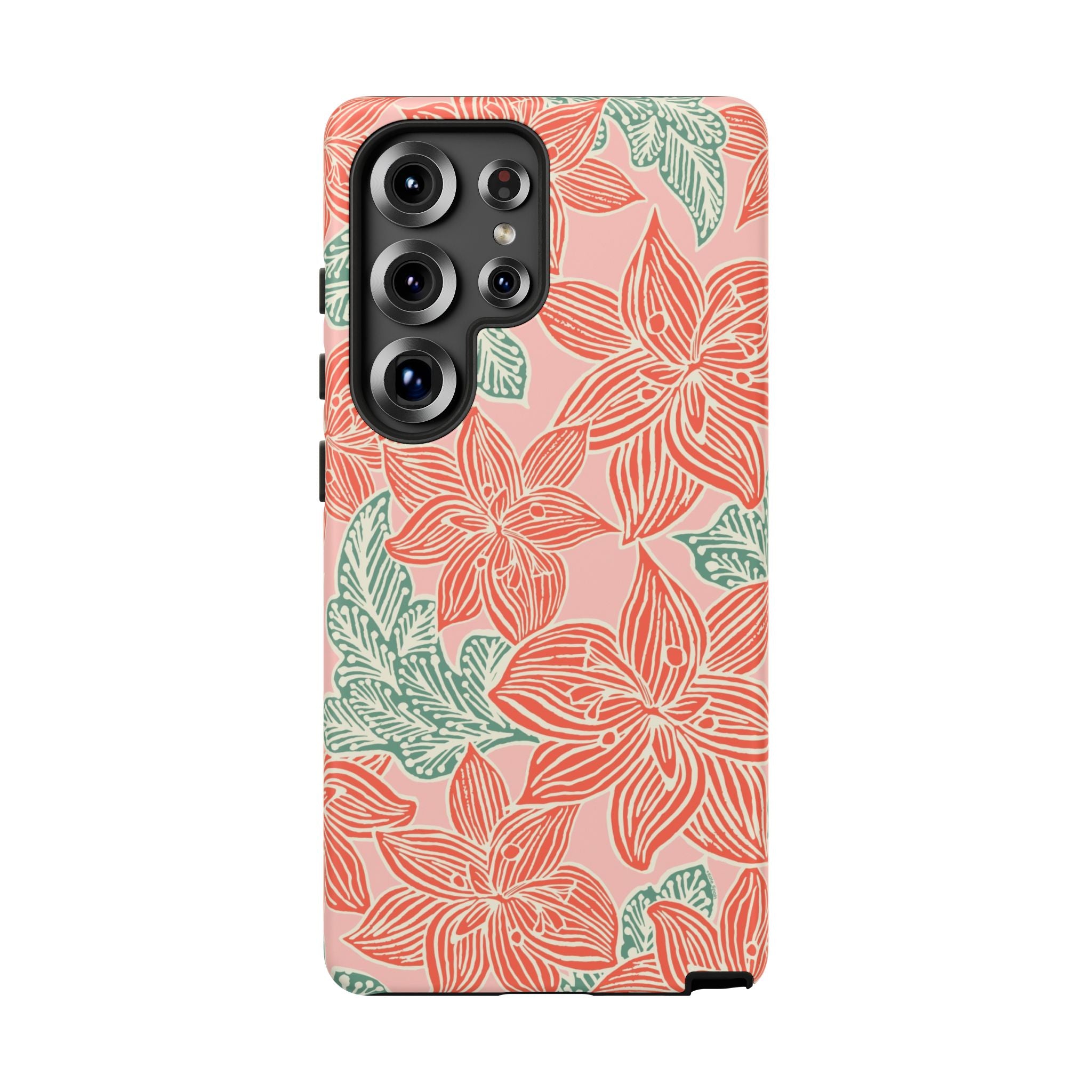 Hibiscus Coral Samsung Galaxy S25 Ultra Matte Case — blush pink hard case with large-scale coral red hibiscus flowers and teal-green leaves in a bold botanical linework print, densely layered across the surface