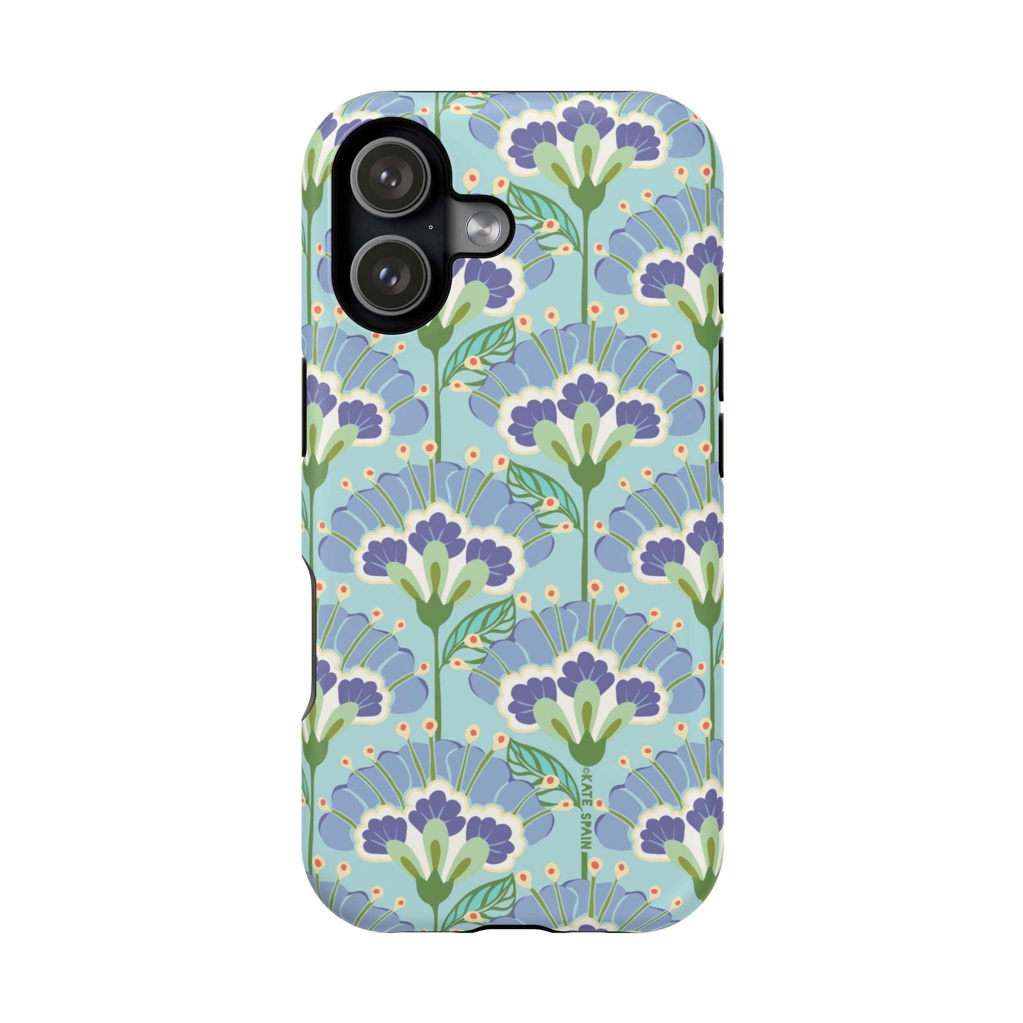 Lantern Flower MagSafe iPhone 17 Case – Matte | aqua, periwinkle, green botanical lantern floral print MagSafe compatible, dual-layer protection