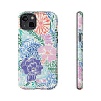 Tropica Tough iPhone 14 Plus Case – Glossy | purple, coral, pink, blue botanical tropical floral print