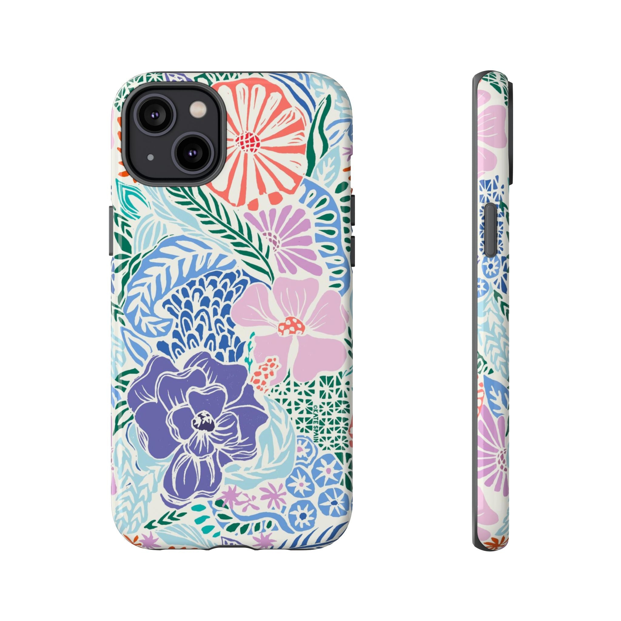 Tropica Tough iPhone 14 Plus Case – Glossy | purple, coral, pink, blue botanical tropical floral print