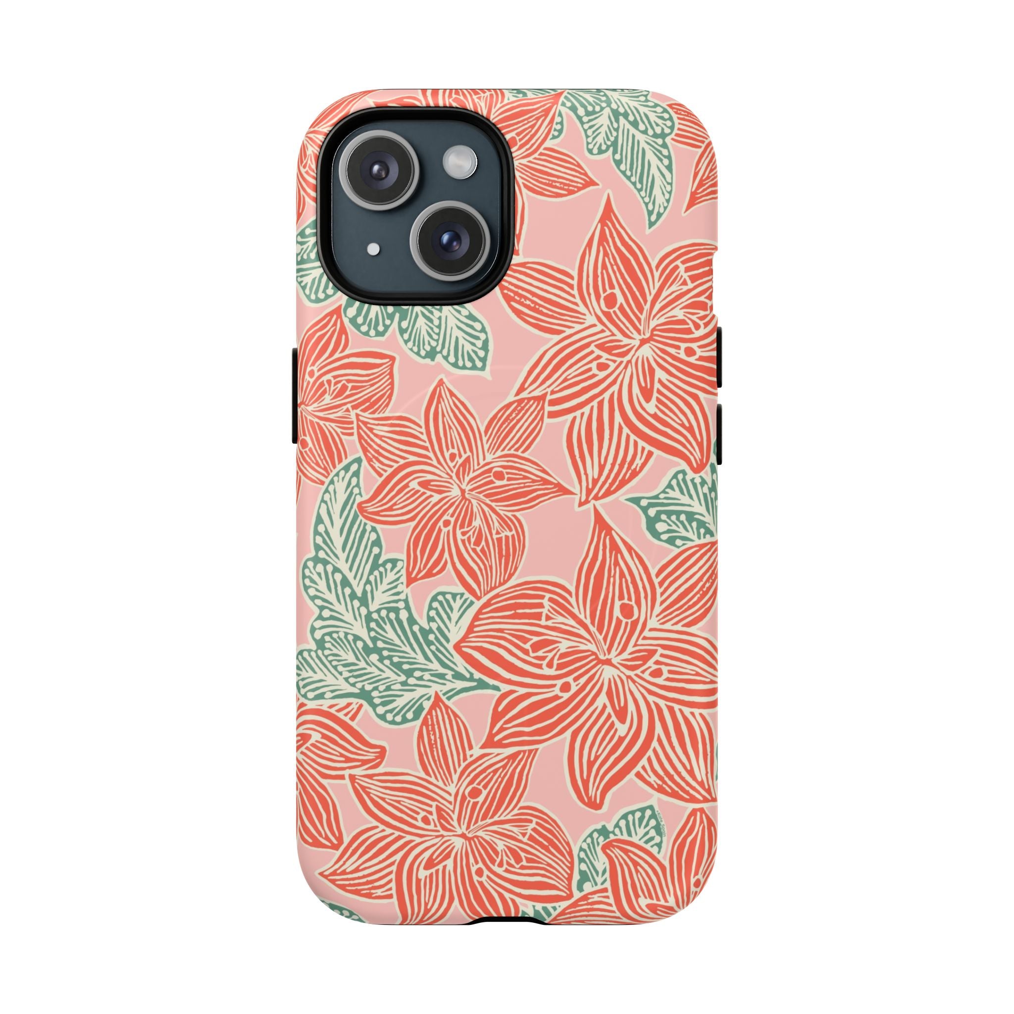 Hibiscus Coral MagSafe iPhone 15 Matte Case — blush pink hard case with large-scale coral red hibiscus flowers and teal-green leaves in a bold botanical linework print, densely layered across the surface