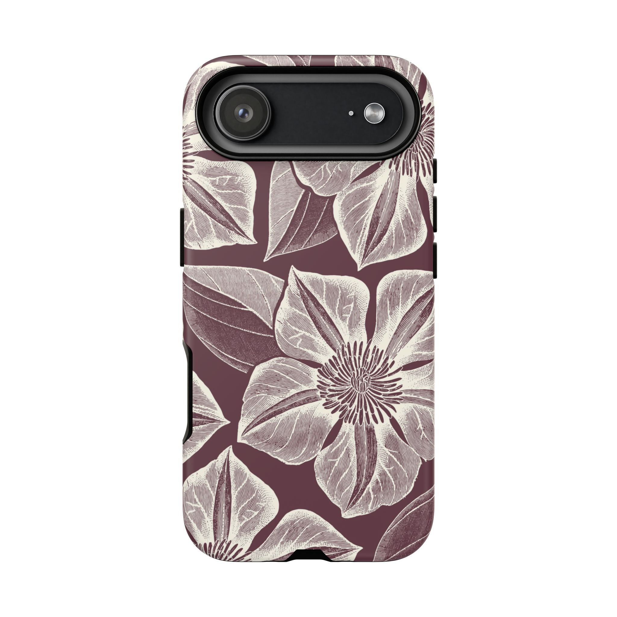 Vintage Bloom Burgundy iPhone 17 Air case – Matte | burgundy ground, large-scale cream clematis print, engraved petal detail, dual-layer protection