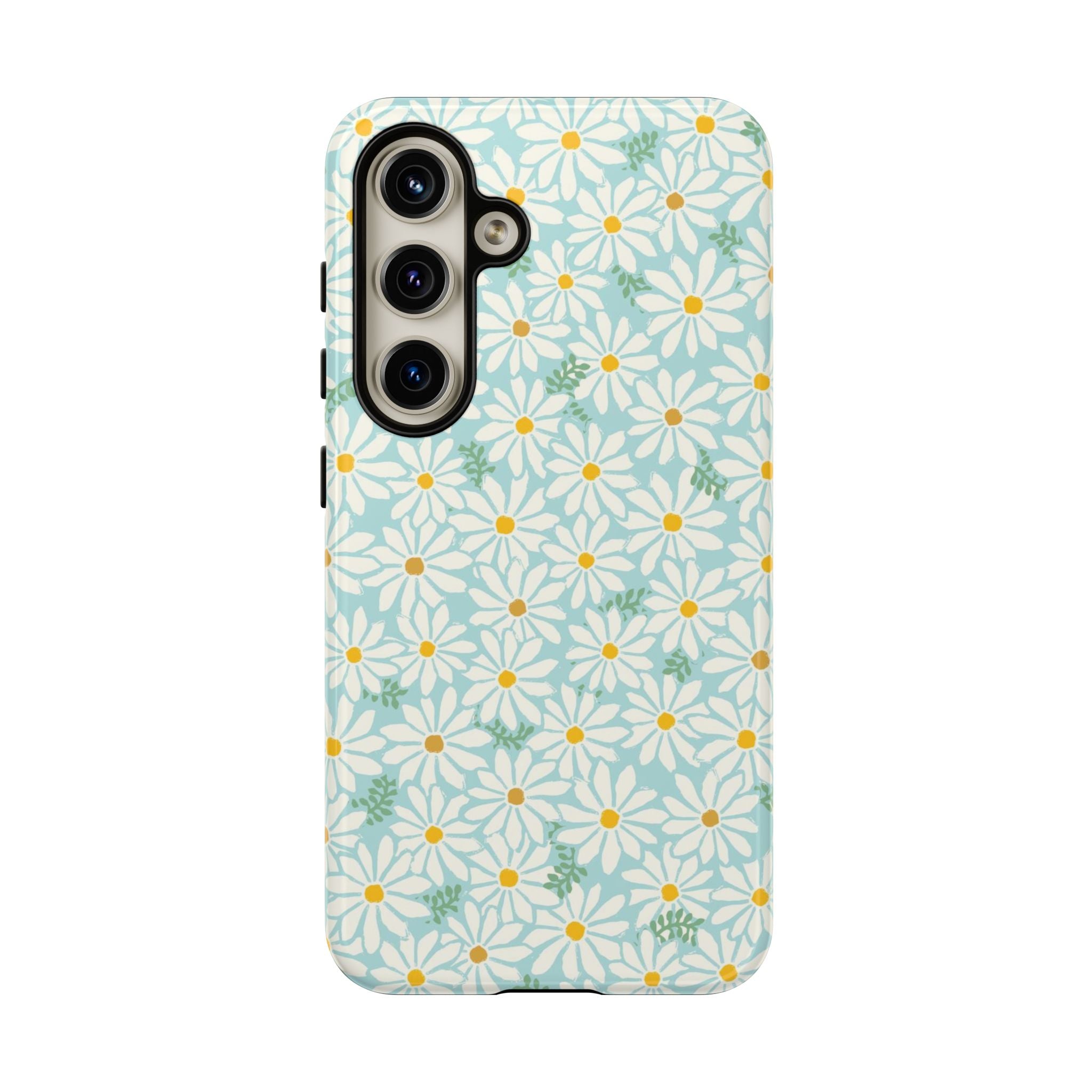 Daisies Samsung Galaxy S24 Case – Glossy | sky blue, white daisy print, golden yellow centers, mint green leaves dual-layer protection