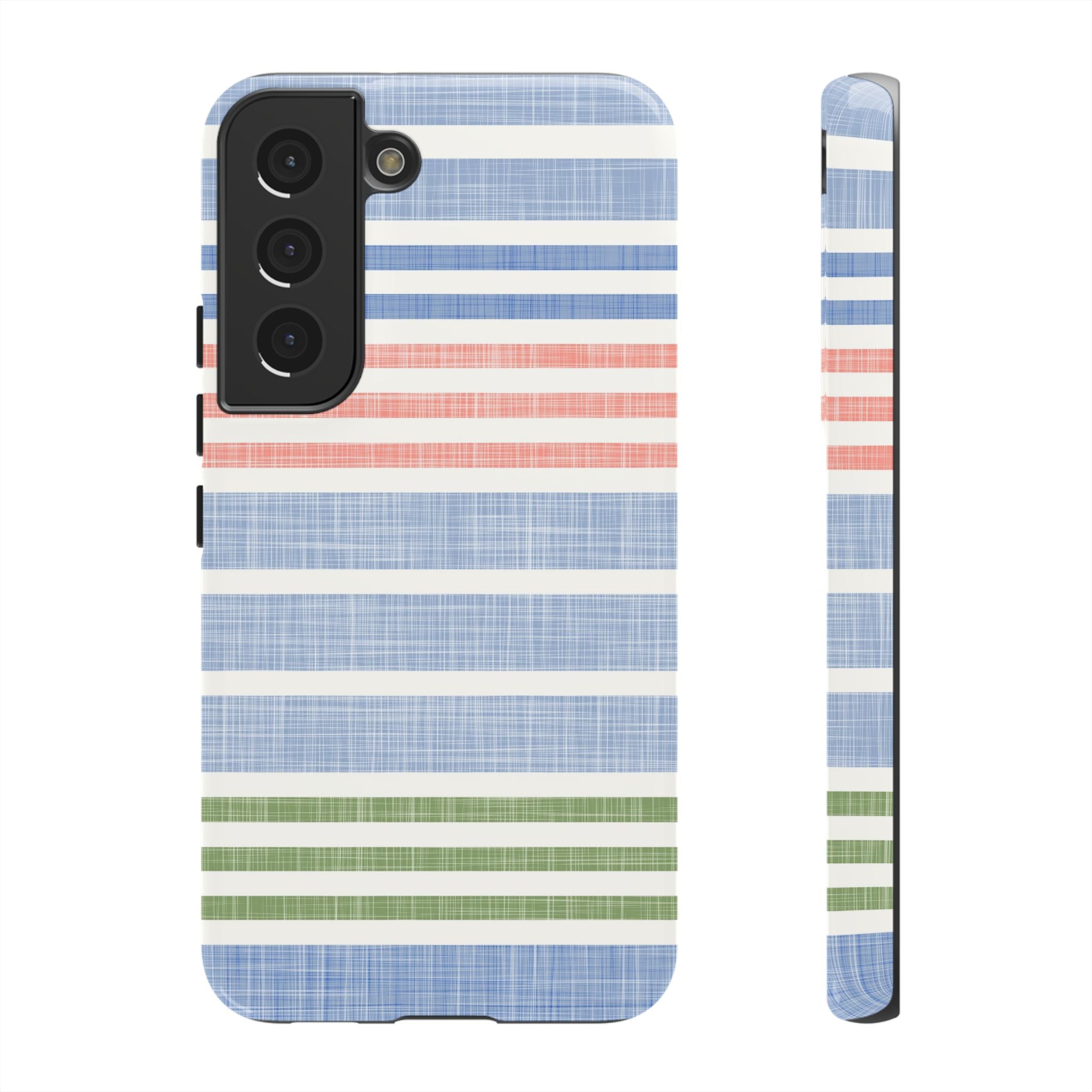 Cabana Stripe Pastel Samsung Galaxy S22 Case – Glossy | soft blue, coral, sage green chambray-textured stripe print dual-layer protection