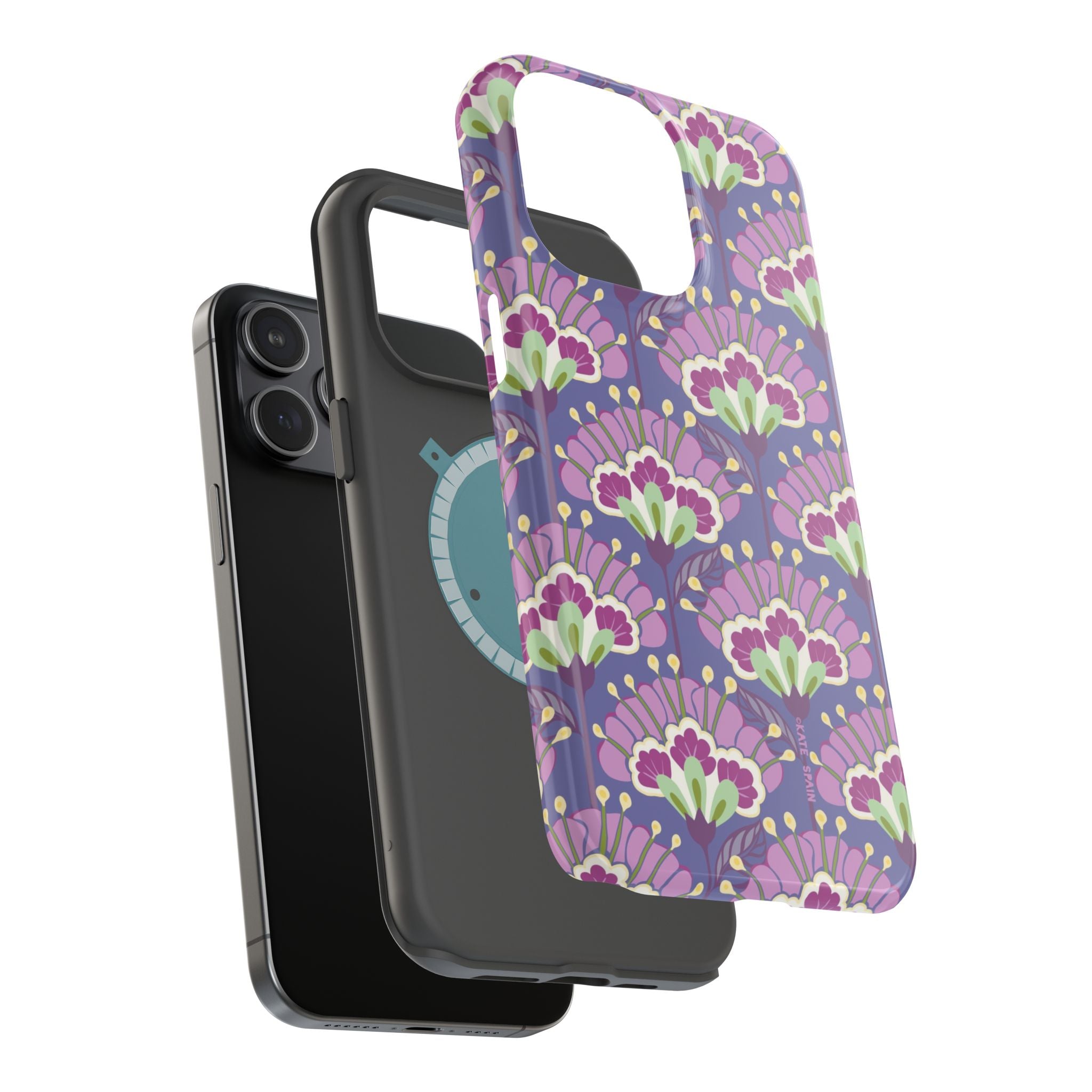Lantern Flower MagSafe iPhone 15 Pro Max Case – Glossy | angle view of dual-layered construction with outer case in periwinkle, purple, mauve, sage botanical lantern floral print MagSafe compatible, dual-layer protection