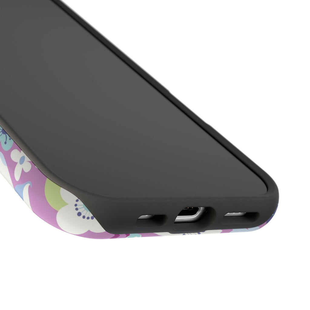 Luxury Cherry Blossom MagSafe iPhone 17 Case – detail view of two-layered case protection of bottom ports | mauve, purple, blue, white cherry blossom print