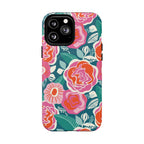 Luxury Tea Rose Teal MagSafe iPhone 13 Pro Max Case – Matte | teal, coral, pink botanical rose floral print