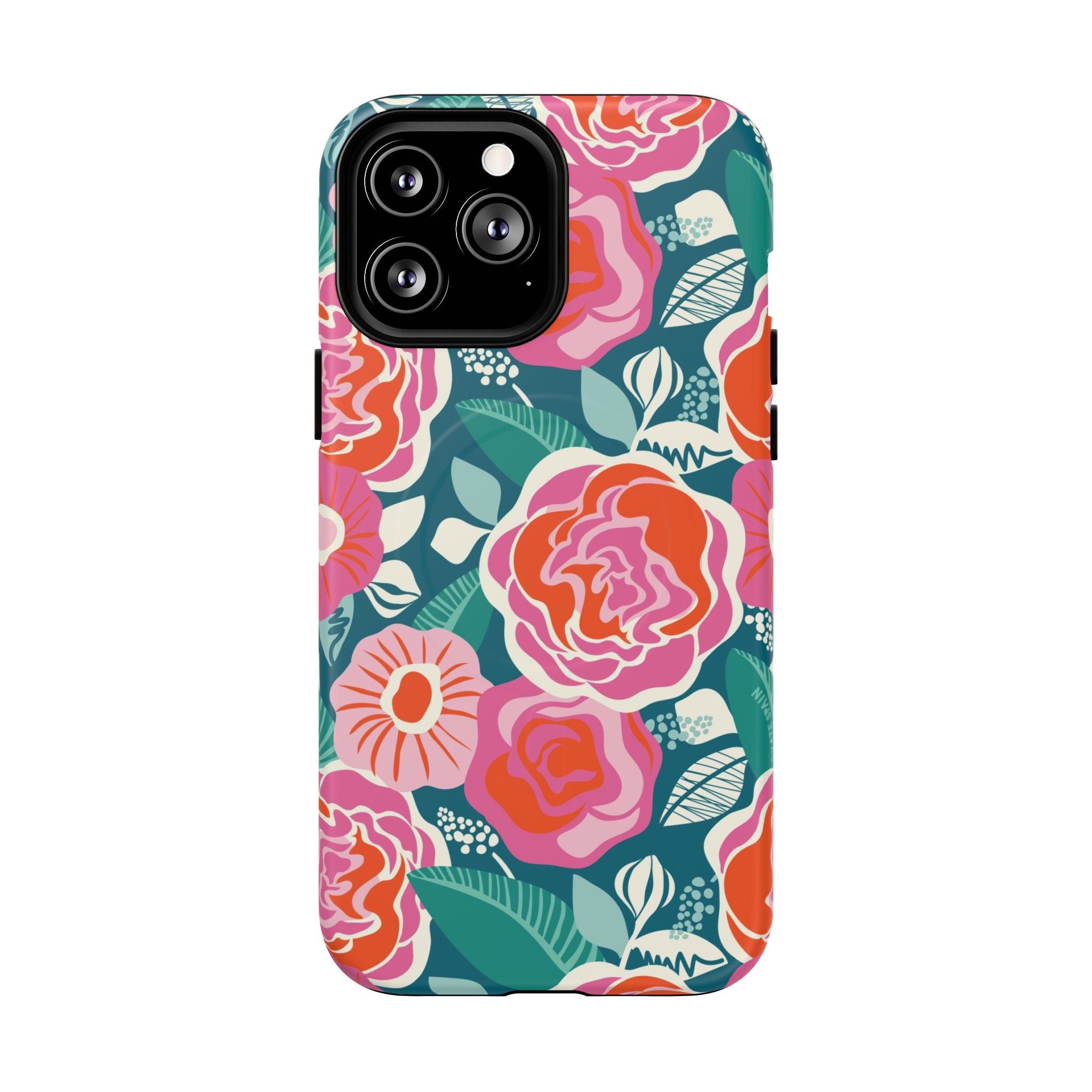 Luxury Tea Rose Teal MagSafe iPhone 13 Pro Max Case – Matte | teal, coral, pink botanical rose floral print