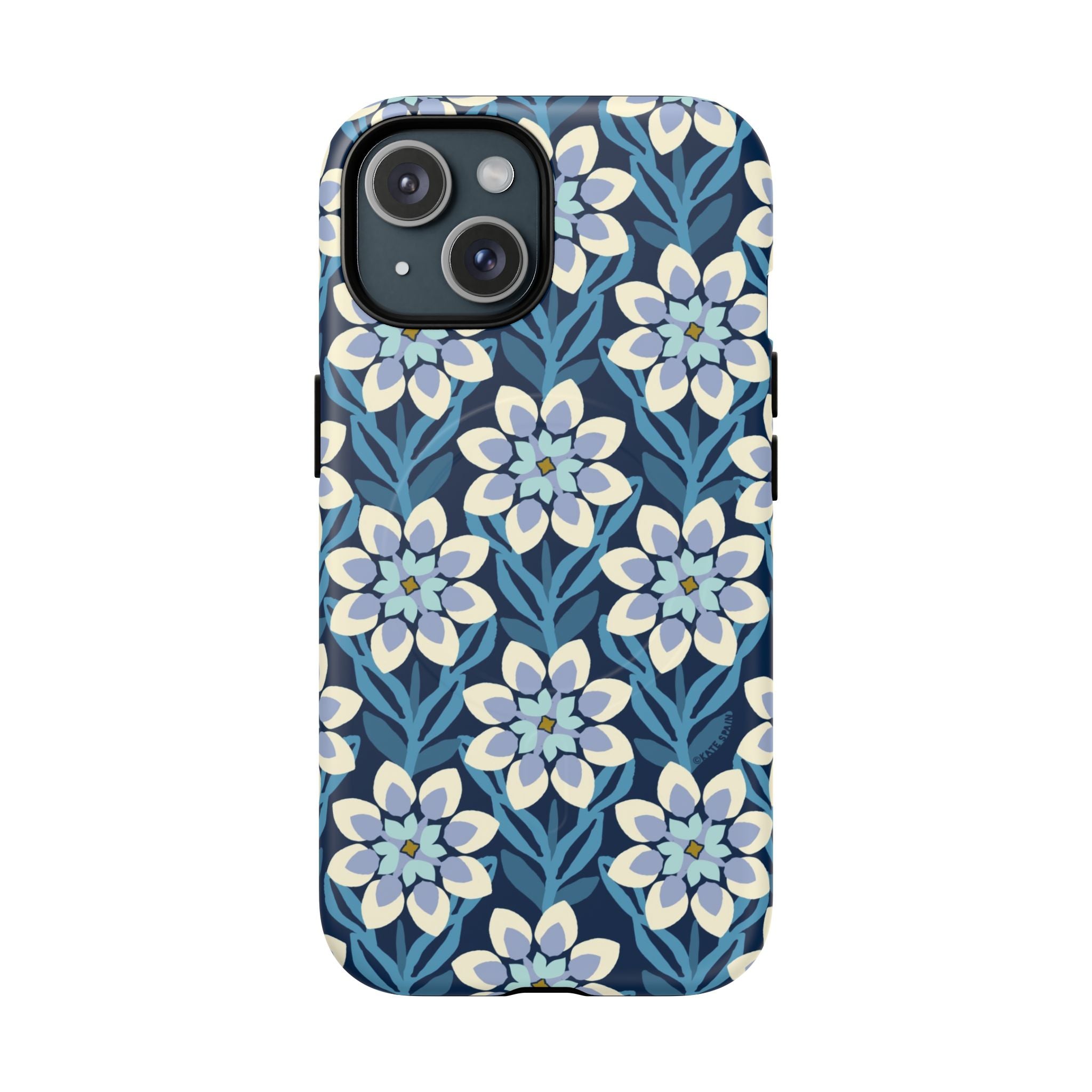 Modern Dahlia MagSafe iPhone 15 Case – Matte | navy, slate blue, white geometric dahlia tile floral print