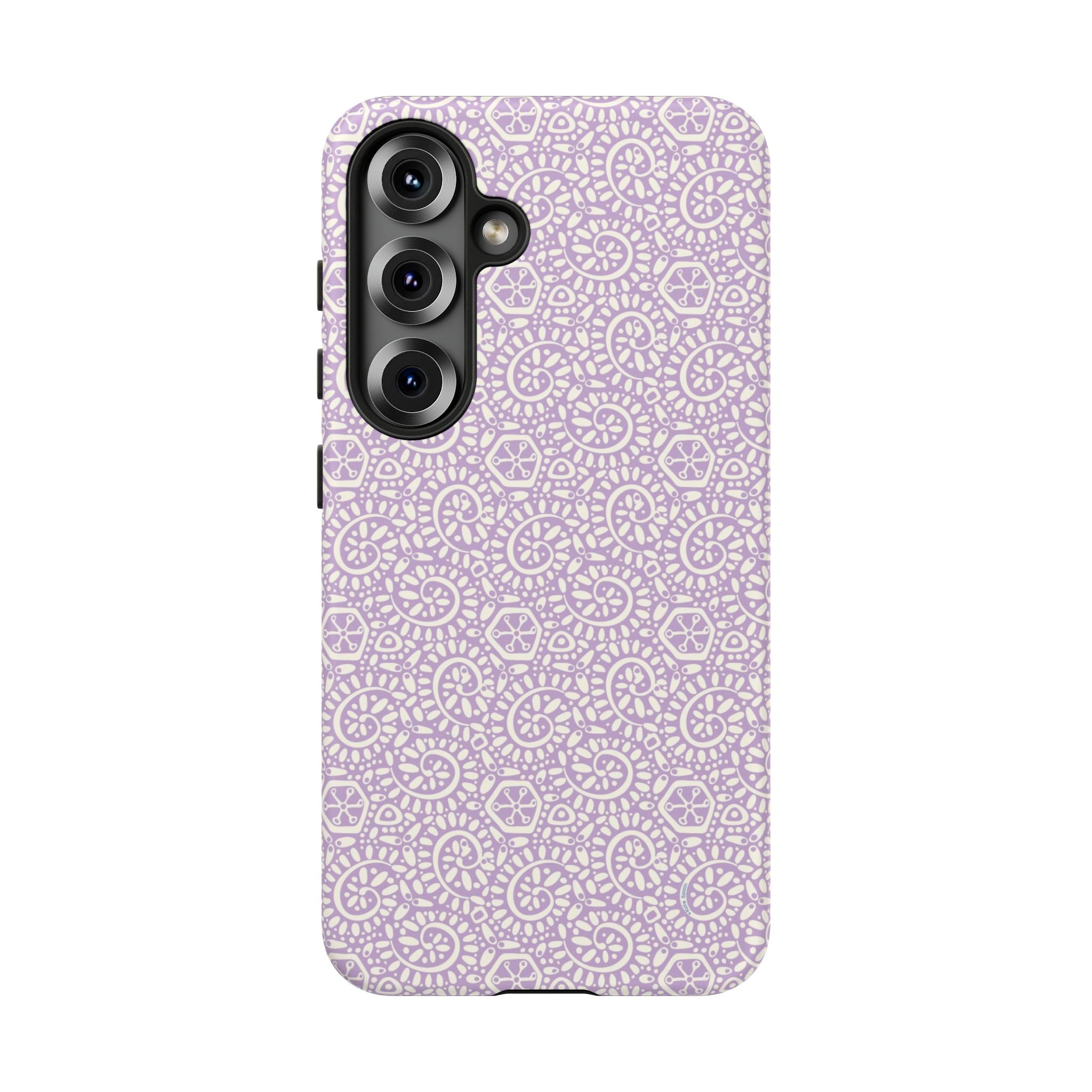 Canto Swirls Lavender Samsung Galaxy S25 Matte Case — lavender hard case covered in an intricate folk-art medallion pattern of radiating circular motifs, dot clusters, and geometric centers