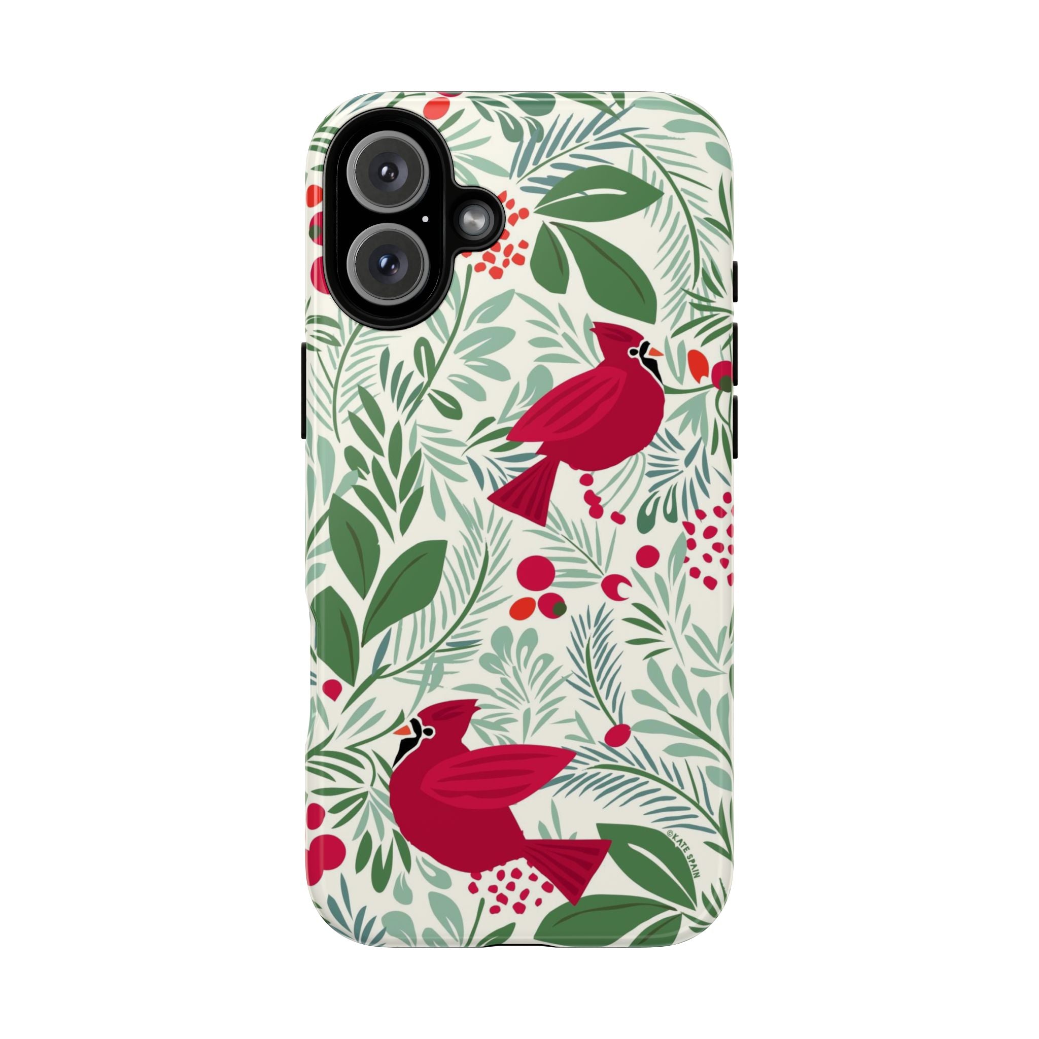 Birds and Berries Tough iPhone 16 Plus Case – Glossy | cream, red, green botanical cardinal berry print