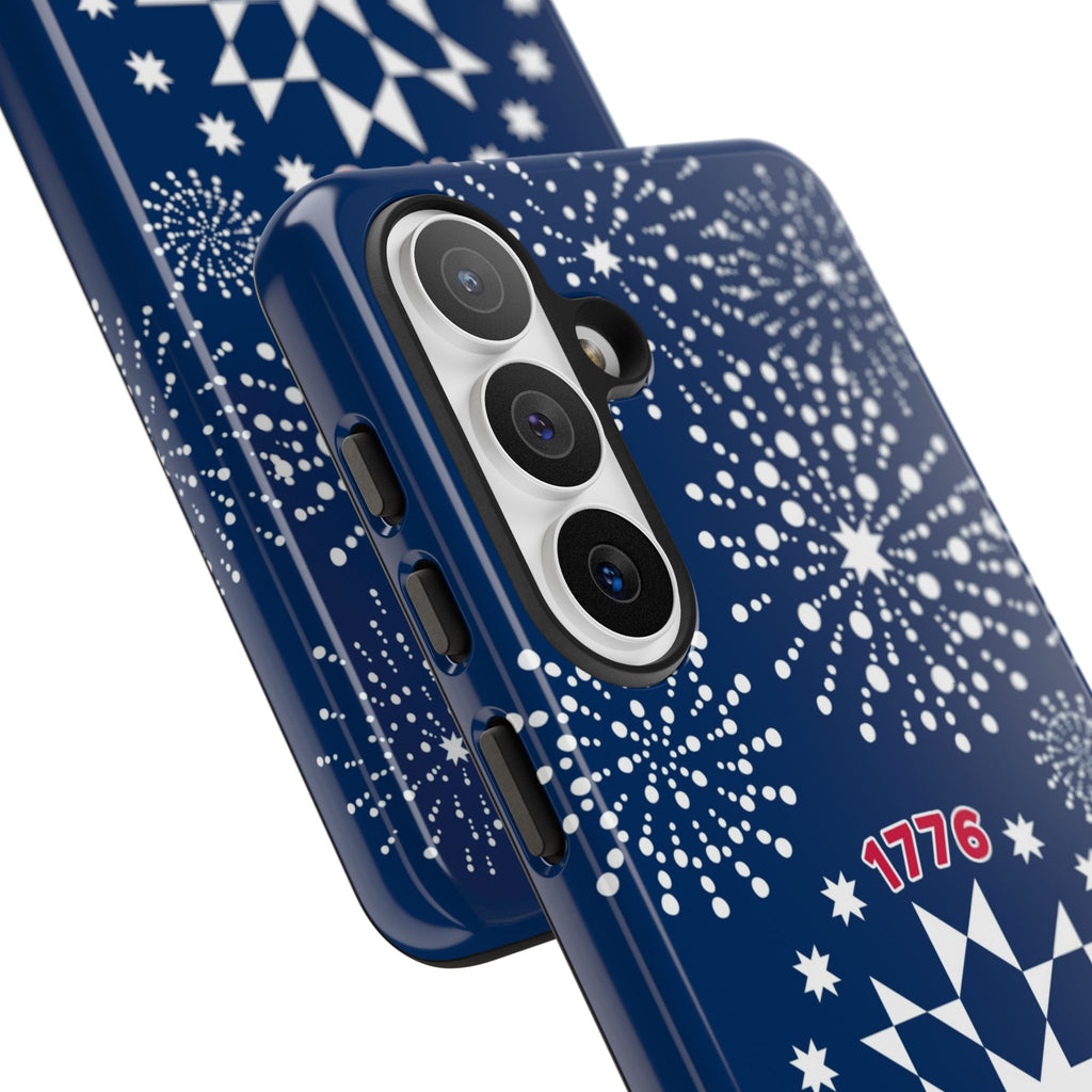 250th Fireworks Samsung Galaxy S26 Plus Case – side view of buttons and camera cut-out in case in navy, white patriotic star quilt fireworks print
