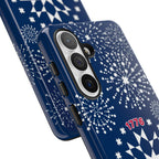 250th Fireworks Samsung Galaxy S26 Plus Case – side view of buttons and camera cut-out in case in navy, white patriotic star quilt fireworks print