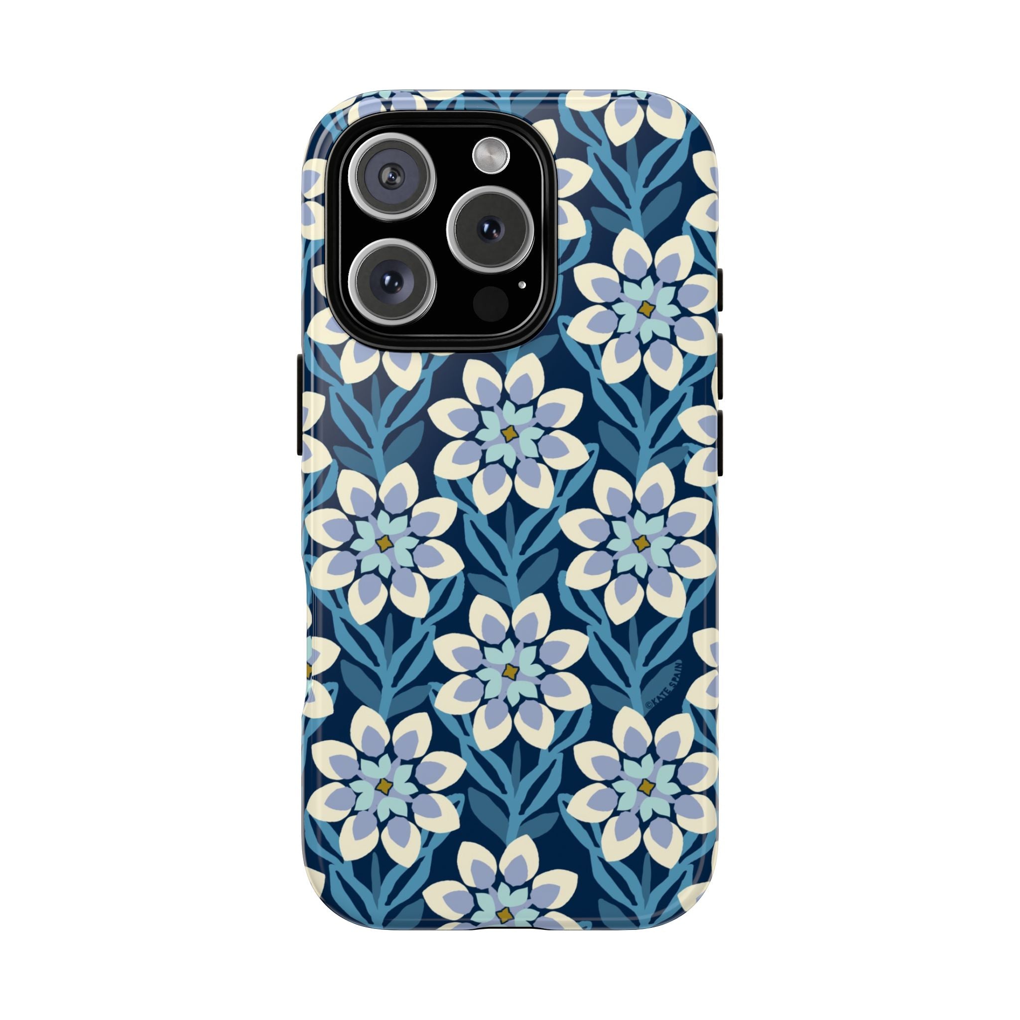 Designer Modern Dahlia Tough iPhone 16 Pro Case – Glossy | navy, cobalt, white dahlia floral print