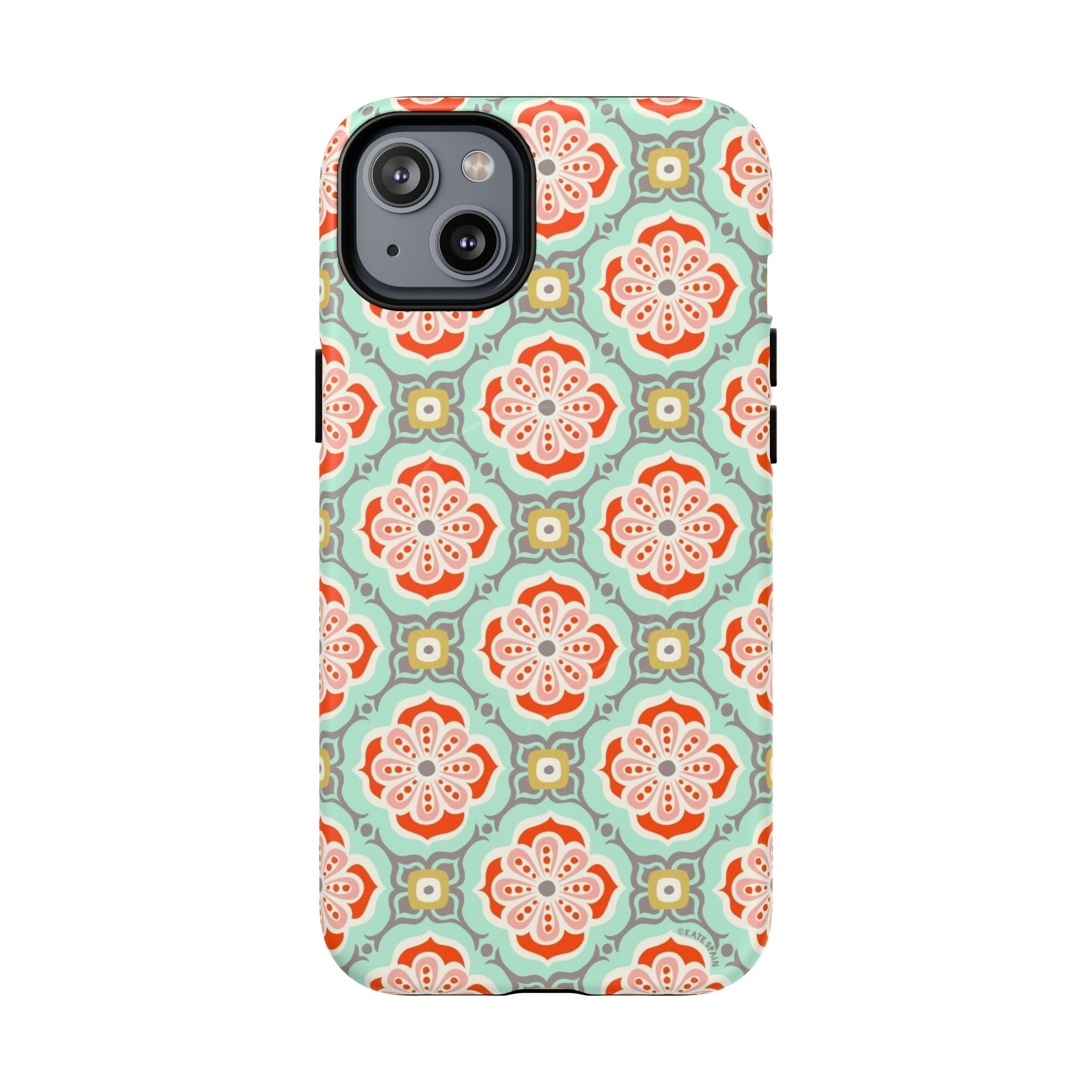 Alhambra MagSafe iPhone 14 Plus Case – Matte | aqua, coral, blush geometric medallion floral print