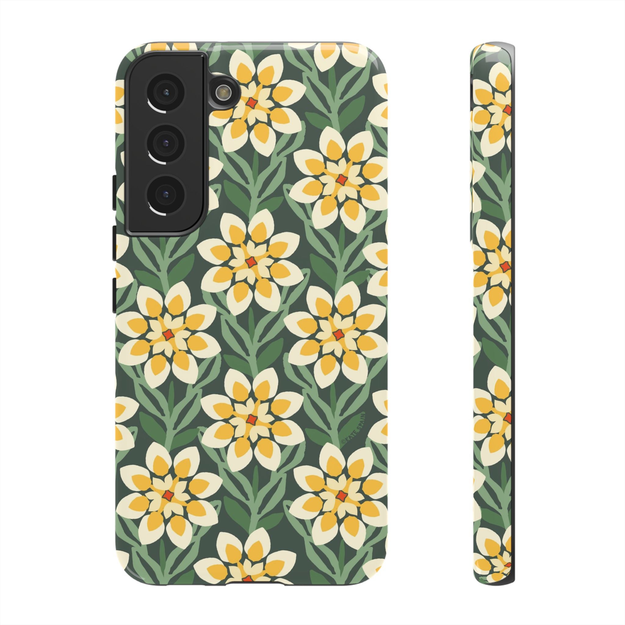Luxury Modern Dahlia Samsung Galaxy S22 Case – Glossy | forest green, yellow, cream modern dahlia print