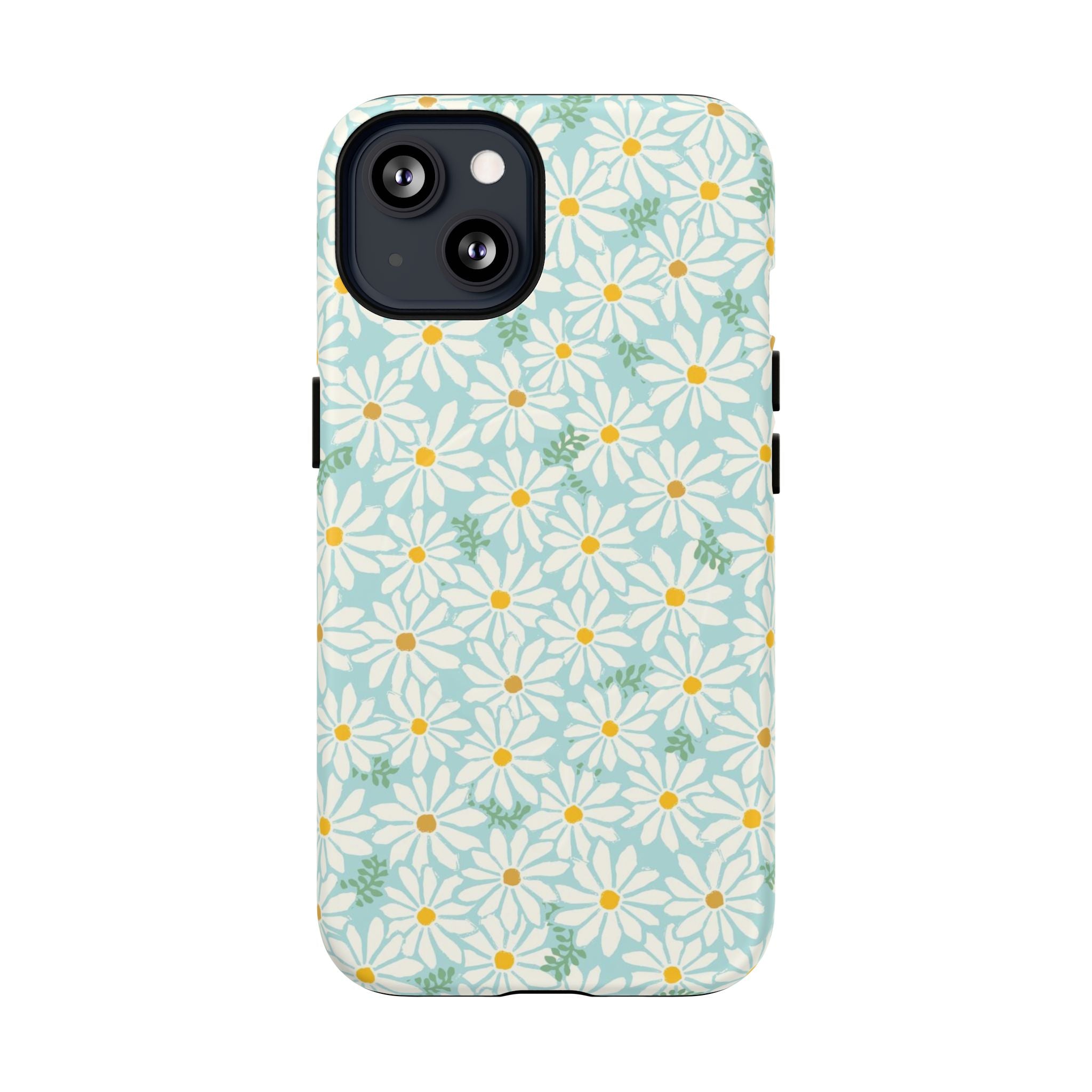Daisies MagSafe iPhone 13 Case – Matte | sky blue, white daisy print, golden yellow centers, mint green leaves MagSafe compatible, dual-layer protection