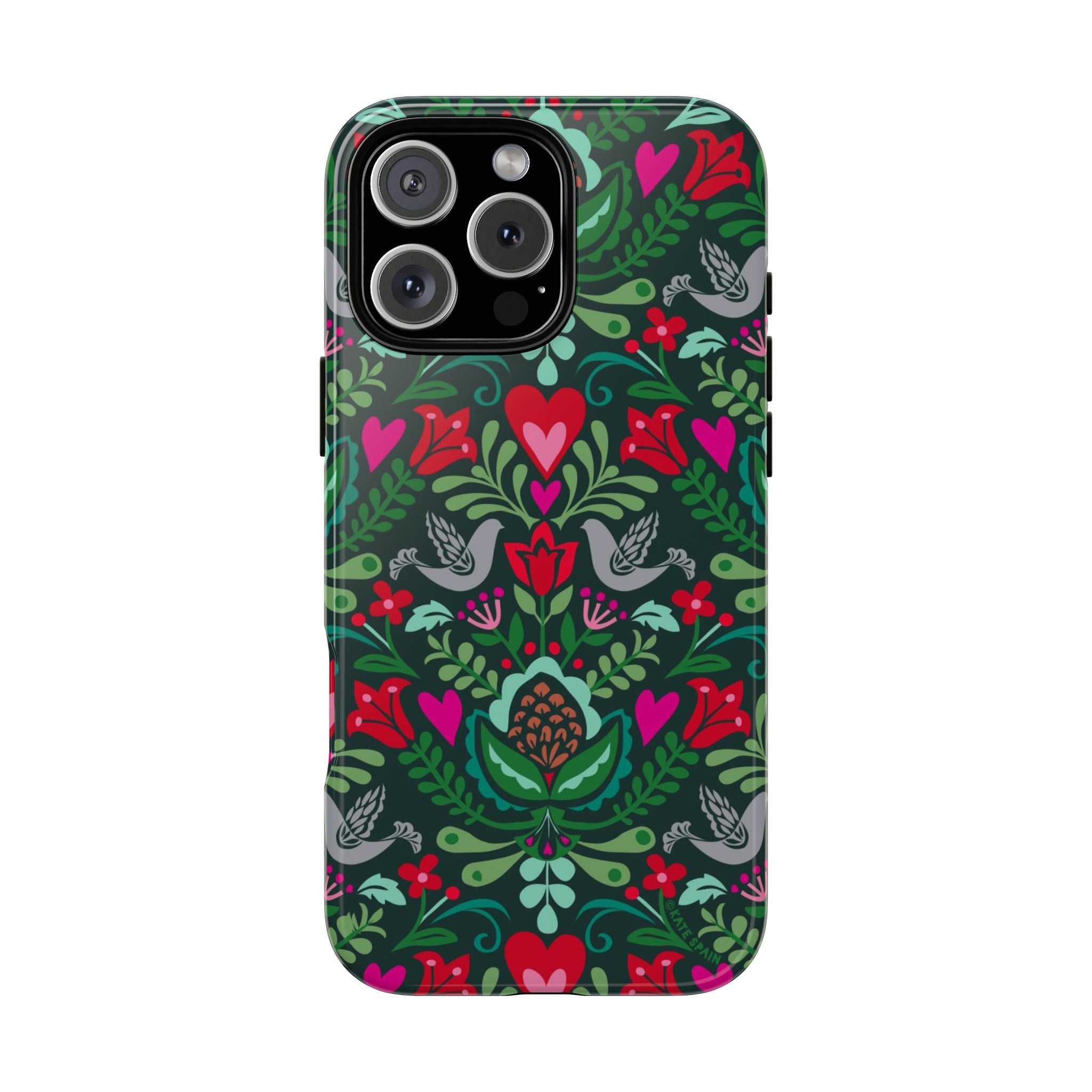 Rosemaling Tough iPhone 16 Pro Case – Matte | dark green, red, pink, gray folk art floral bird print