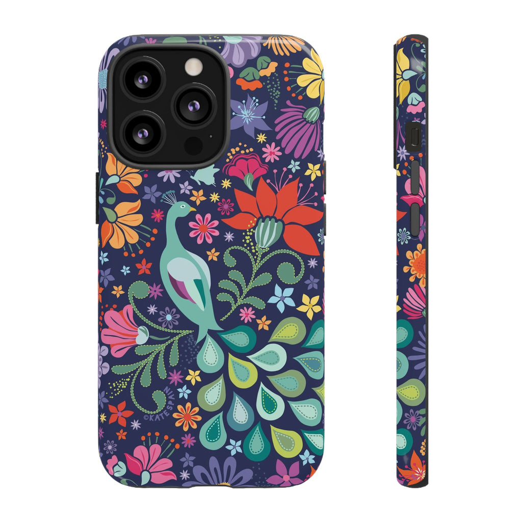 Peacock Sanctuary Tough iPhone 13 Pro Case – Glossy | navy, teal, coral multicolor vibrant peacock feather botanical print