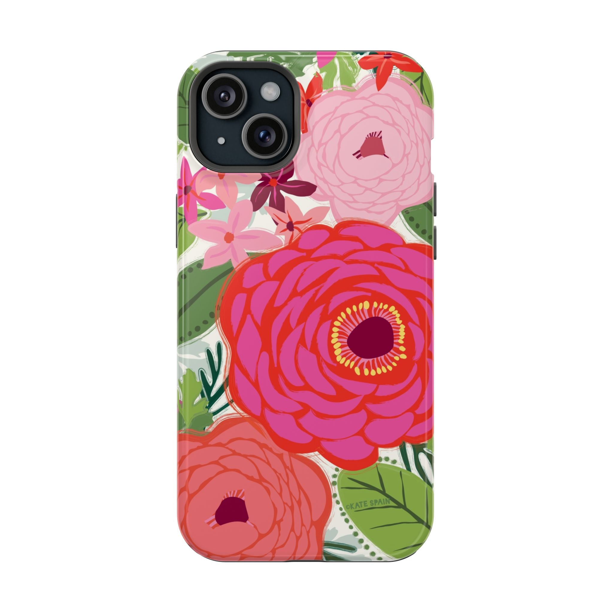 Bloomerie MagSafe iPhone 15 Plus Case – Glossy | cream, magenta, coral botanical peony floral print