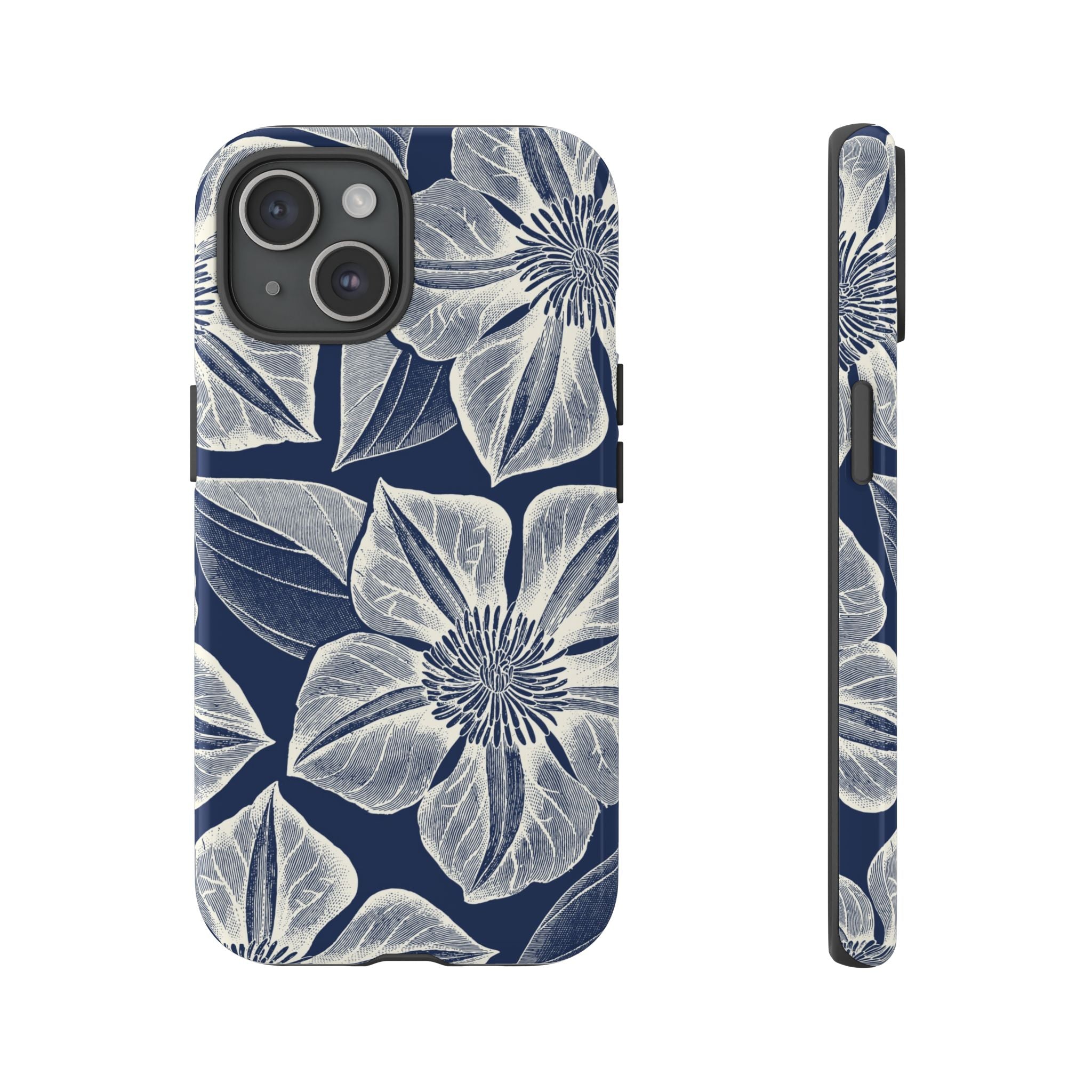 Vintage Bloom Navy iPhone 15 case – Glossy | navy ground, large-scale cream clematis print, engraved petal detail, dual-layer protection