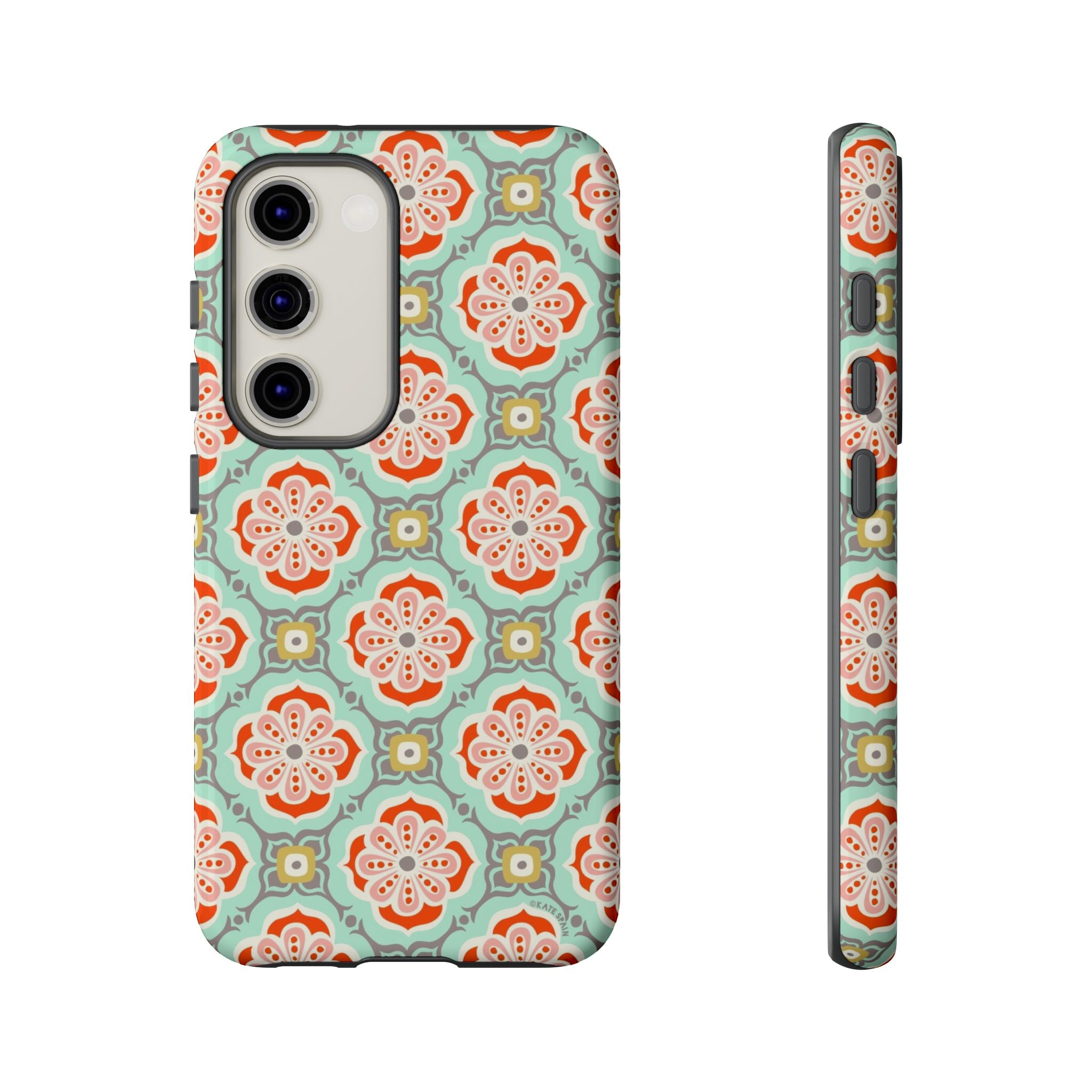 Luxury Alhambra Samsung Galaxy S23 Case – Glossy | light turquoise, coral, cream geometric medallion tile print