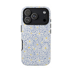 Montauk Daisy Cottage Blue iPhone 17 Air Case – Glossy | periwinkle blue, white graphic daisy and fern print, golden yellow centers | dual-layer protection