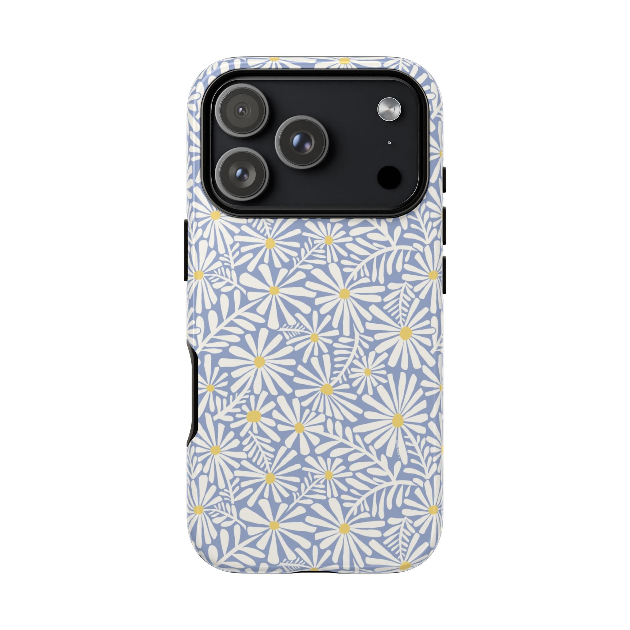 Montauk Daisy Cottage Blue iPhone 17 Air Case – Glossy | periwinkle blue, white graphic daisy and fern print, golden yellow centers | dual-layer protection