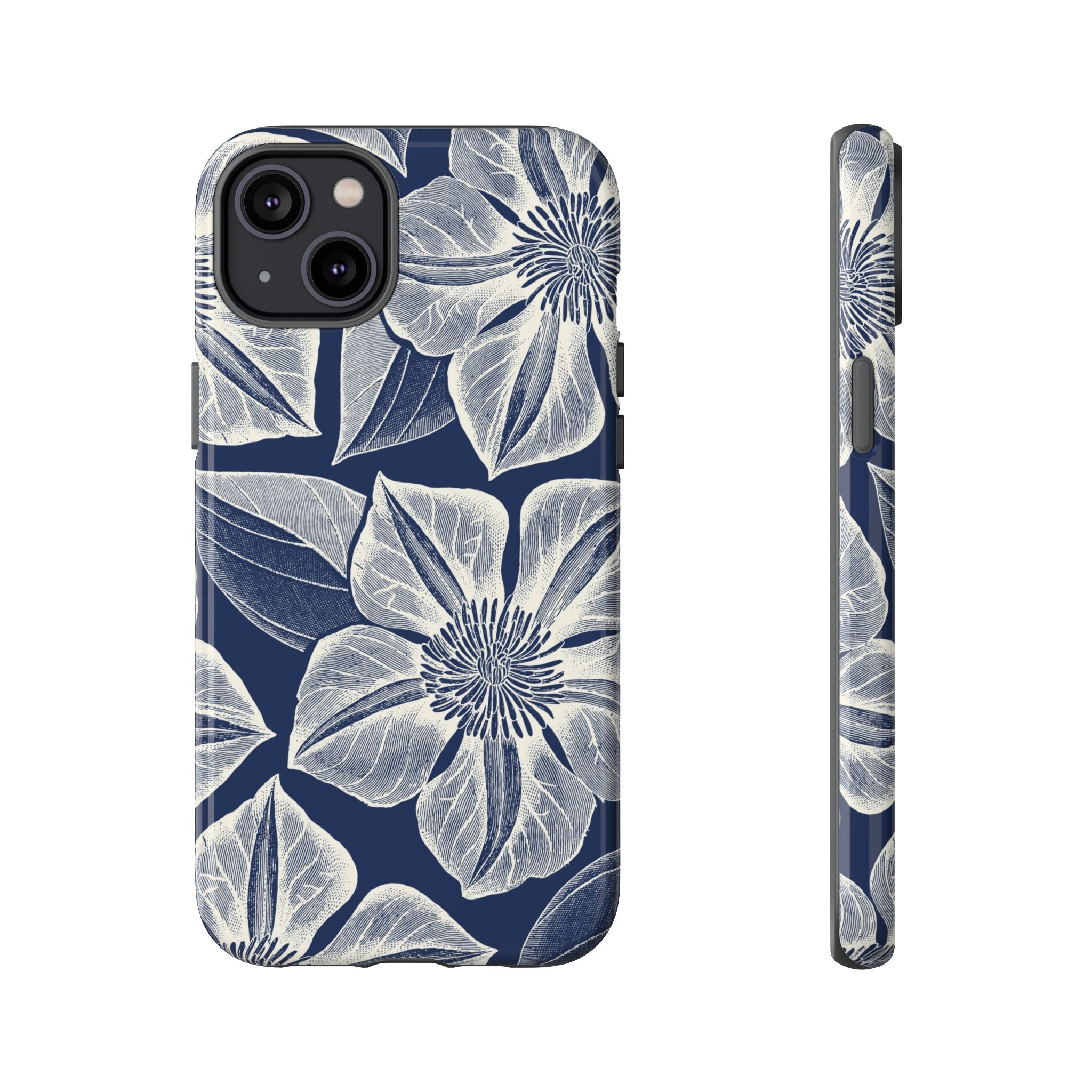 Vintage Bloom Navy iPhone 14 Plus case – Glossy | navy ground, large-scale cream clematis print, engraved petal detail, dual-layer protection