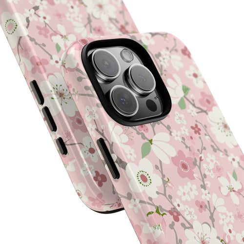 Luxury Pink Cherry Blossom Tough iPhone 16 Pro Max Case – detail view of 3 lenses in camera | light pink, white, cherry blossom floral print