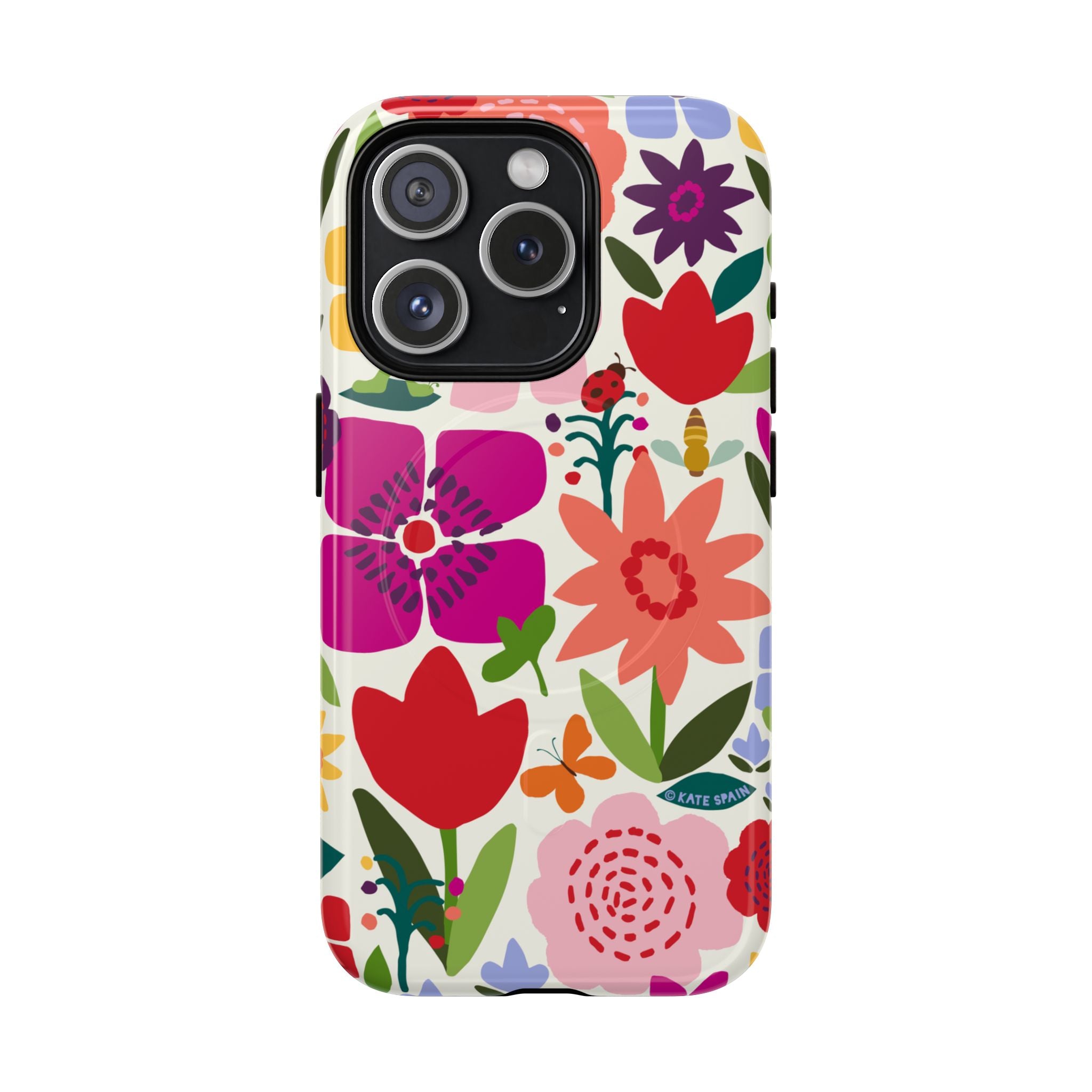 Happy Blooms MagSafe iPhone 15 Pro Case – Glossy | cream, red, magenta, coral botanical floral print