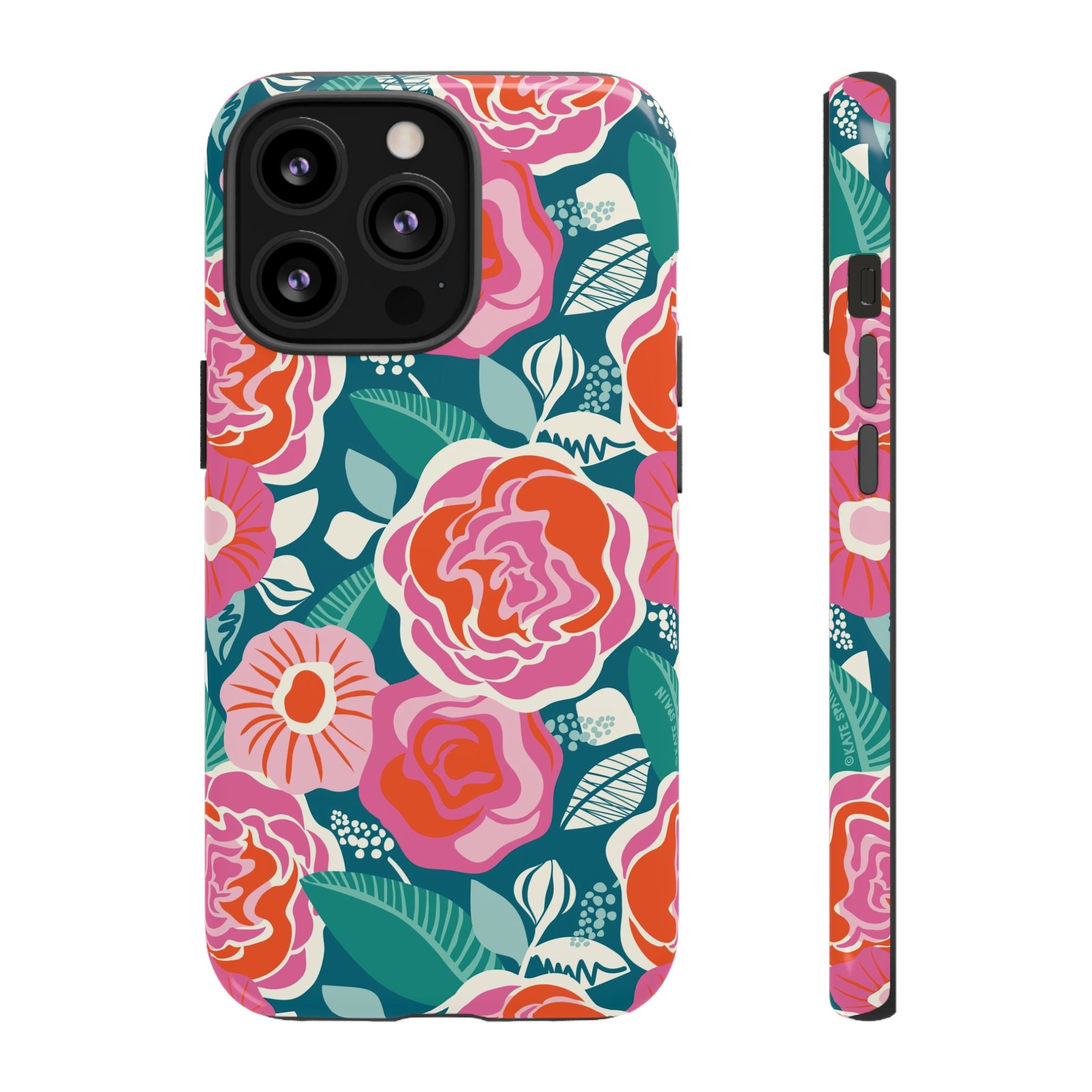 Tea Rose Teal Tough iPhone 13 Pro Case – Glossy | teal, coral, pink botanical rose floral print