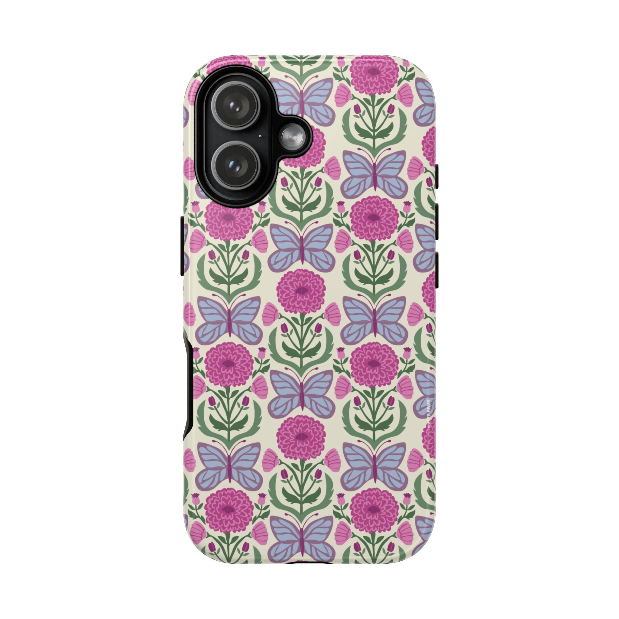 Butterfly Tough iPhone 17 Case – Glossy | cream, magenta, periwinkle butterfly floral print