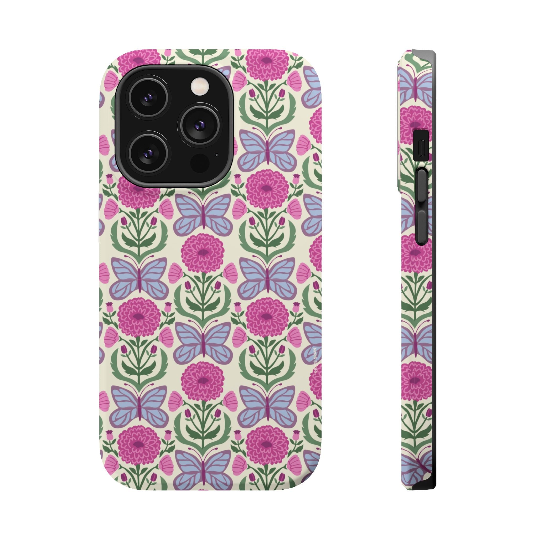 Butterfly MagSafe iPhone 14 Pro Case – Matte | cream, magenta, periwinkle butterfly floral print