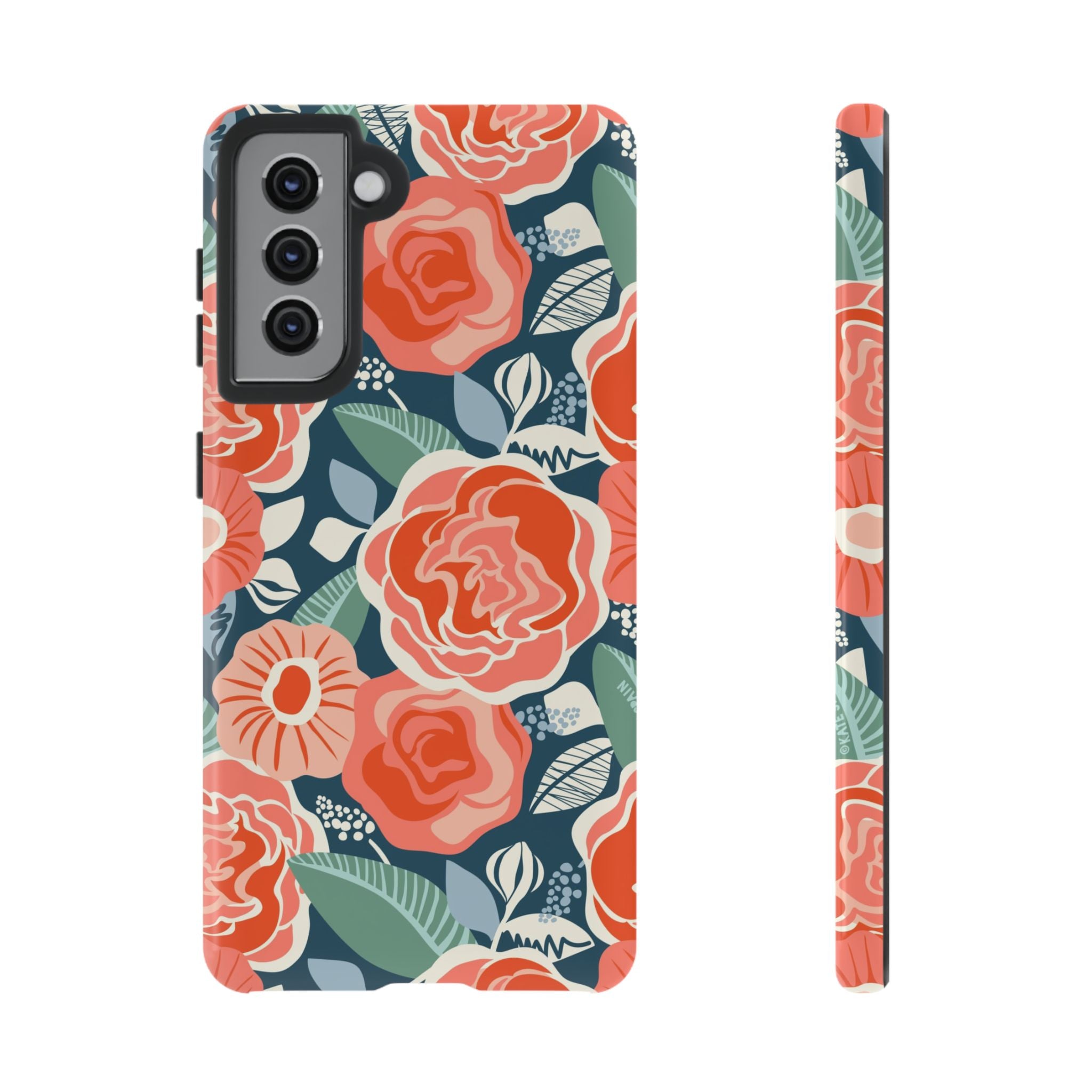 Luxury Tea Rose Navy Samsung Galaxy S21 Case – Glossy | navy, coral, peach botanical rose floral print