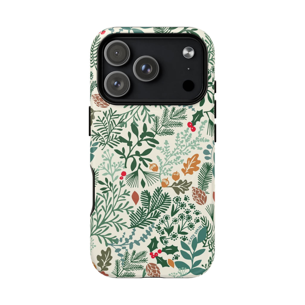 Juniper MagSafe iPhone 17 Pro Case – Matte | cream, forest green, sage, and rust winter botanical print with pine, holly, acorns, and pinecones