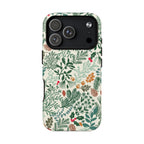 Juniper MagSafe iPhone 17 Pro Case – Matte | cream, forest green, sage, and rust winter botanical print with pine, holly, acorns, and pinecones