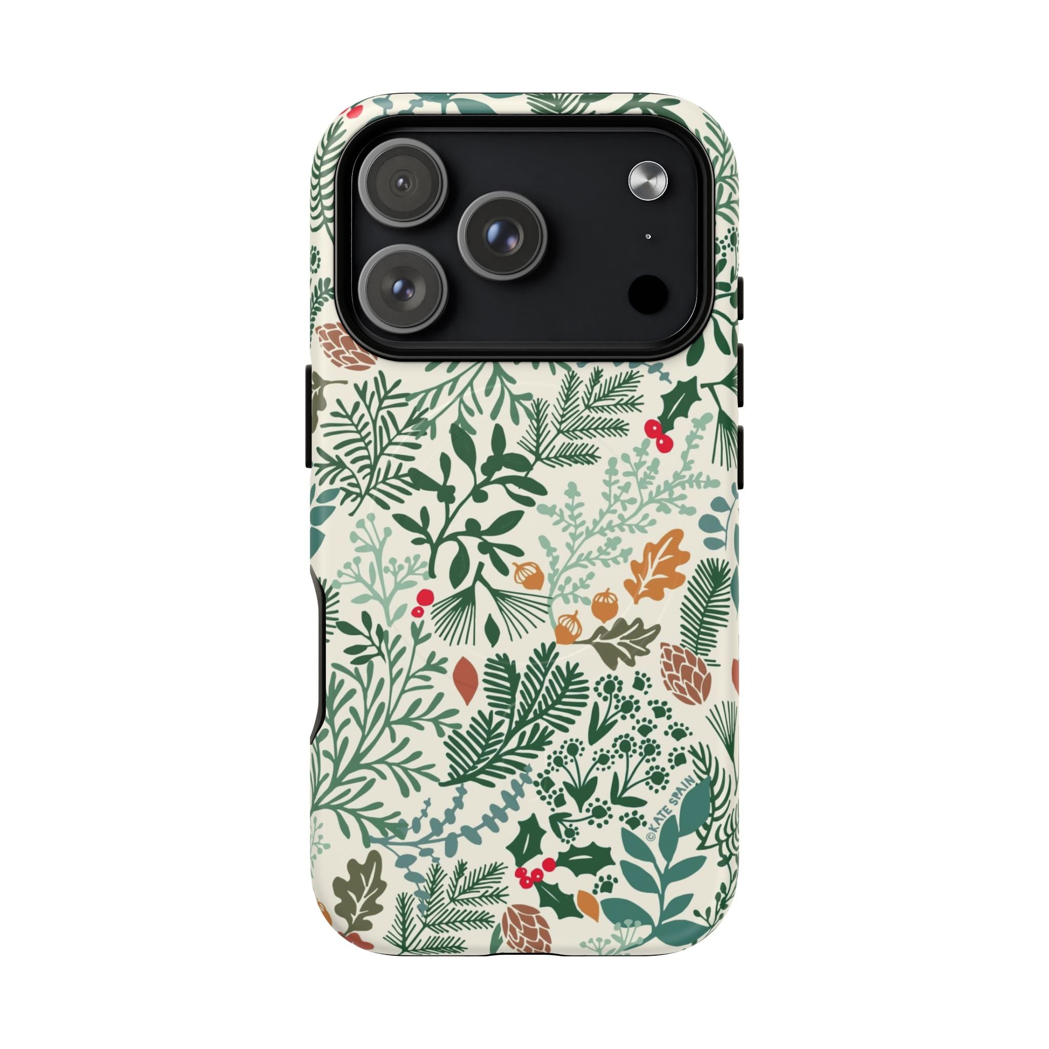 Juniper MagSafe iPhone 17 Pro Case – Matte | cream, forest green, sage, and rust winter botanical print with pine, holly, acorns, and pinecones