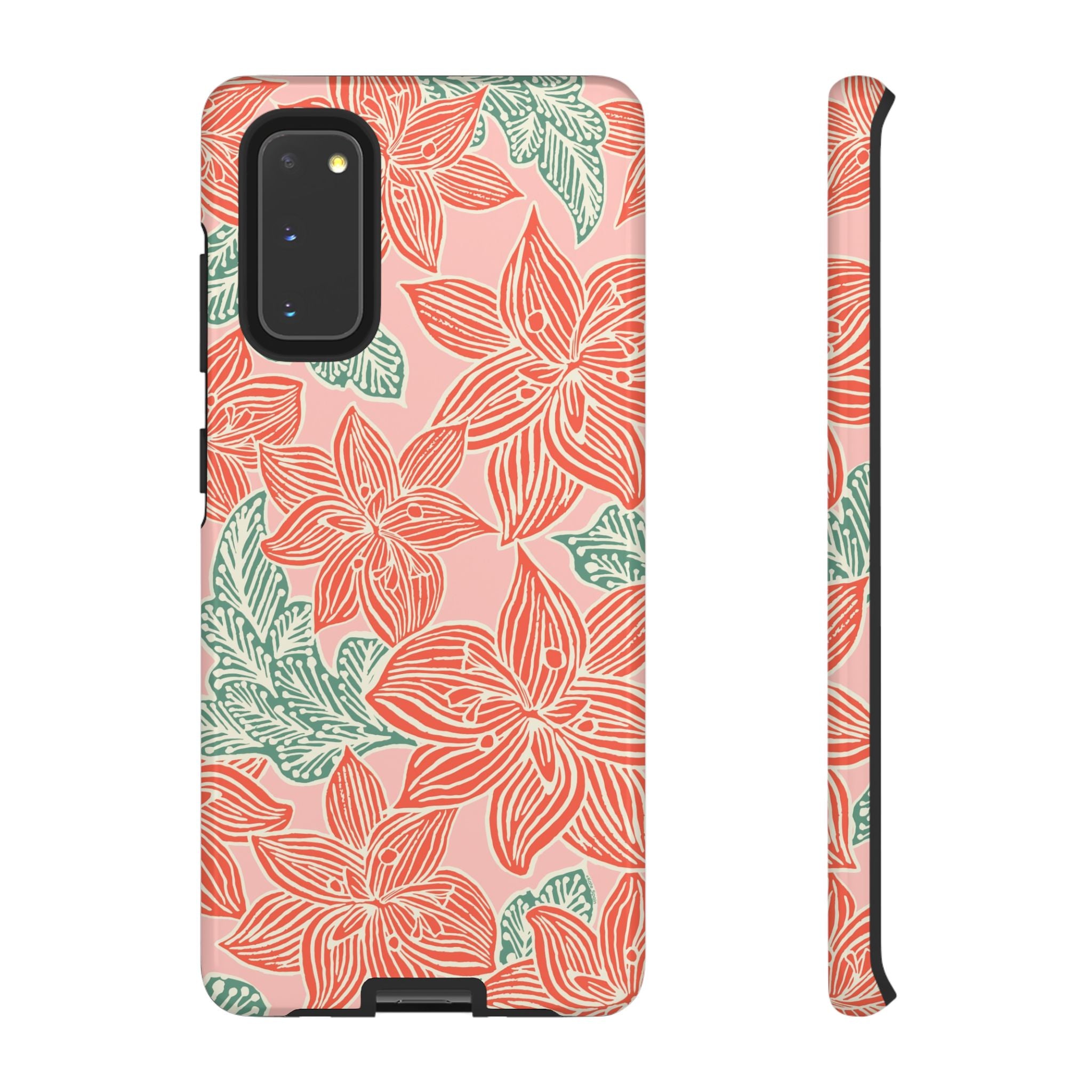 Hibiscus Coral Samsung Galaxy S20 Glossy Case — blush pink hard case with large-scale coral red hibiscus flowers and teal-green leaves in a bold botanical linework print, densely layered across the surface