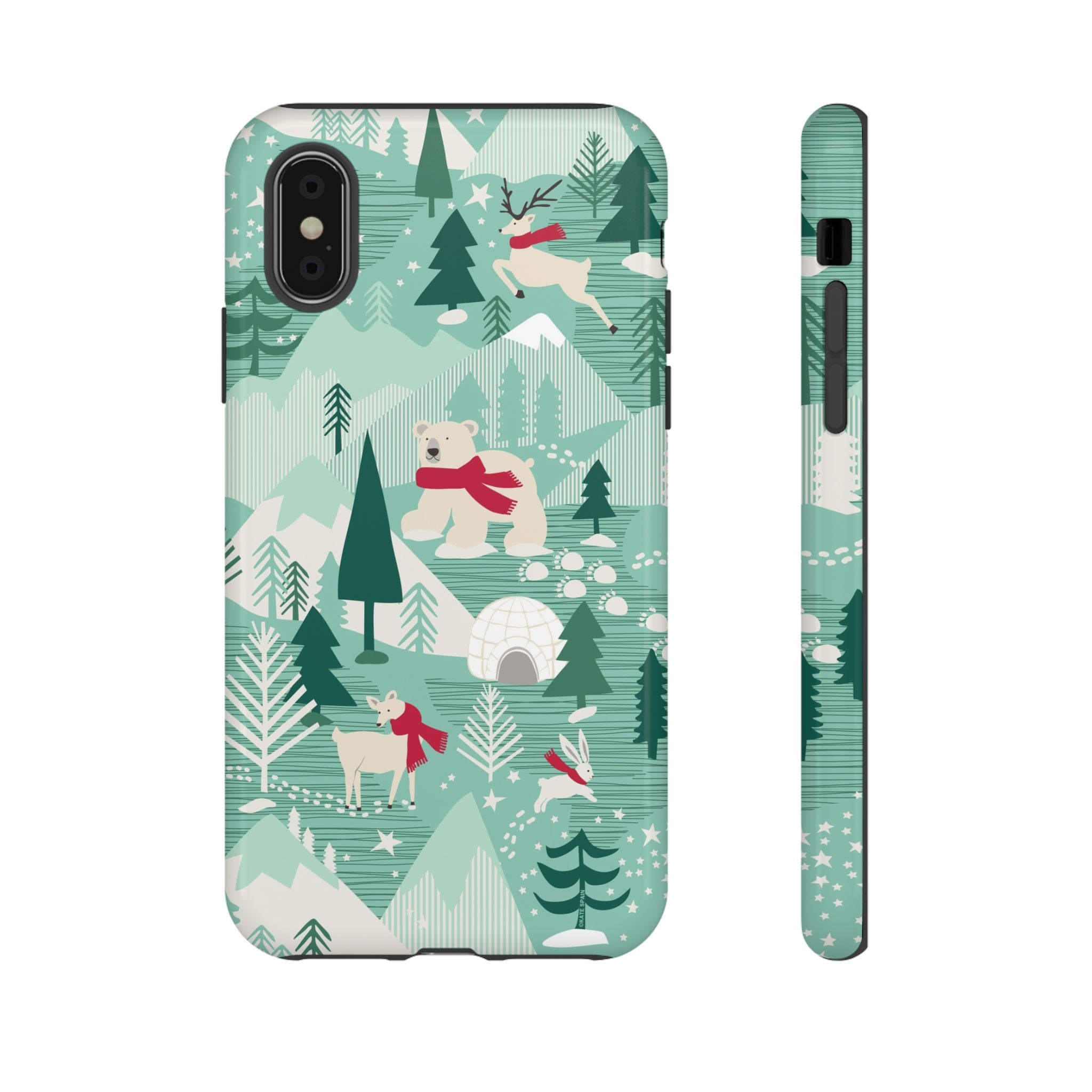 Arctica Winter Tough iPhone XS Case – Glossy | aqua, evergreen, white, animal frolic winter wonderland print