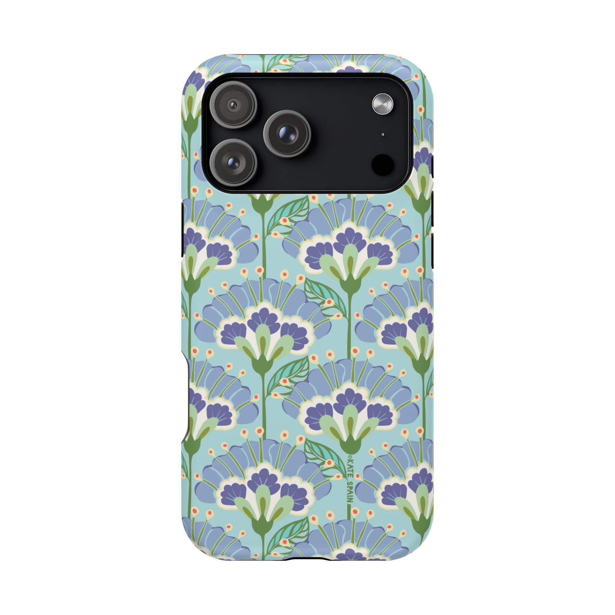 Lantern Flower MagSafe iPhone 17 Pro Max Case – Matte | aqua, periwinkle, green botanical lantern floral print MagSafe compatible, dual-layer protection
