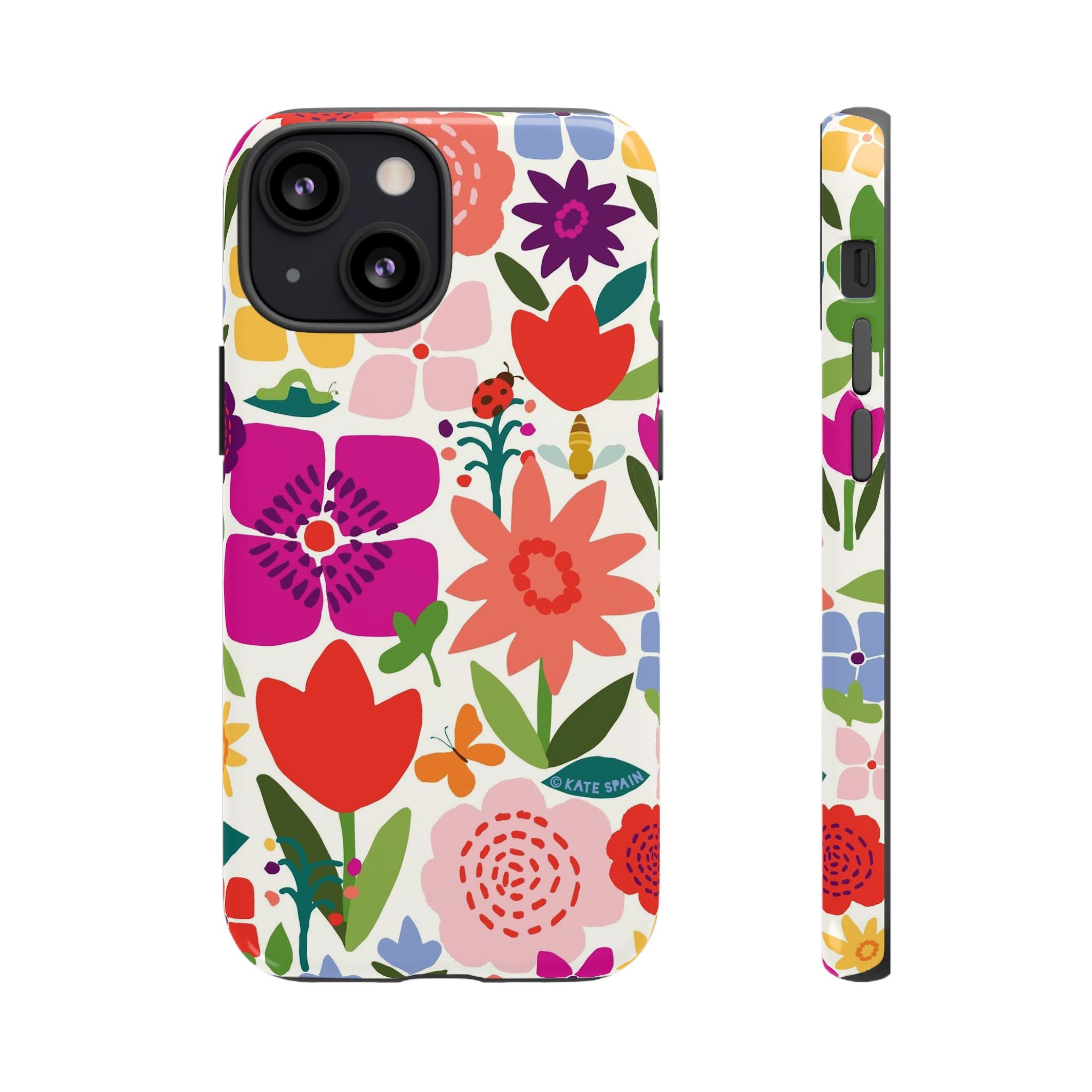 Happy Blooms Tough iPhone 13 Mini Case – Glossy | cream, red, magenta, coral botanical floral print